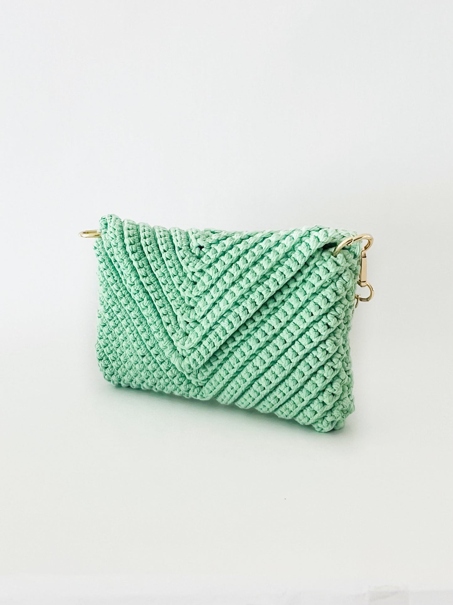 Crossbody shoulder envelope  clutch bag, green crochet cotton with gold chain