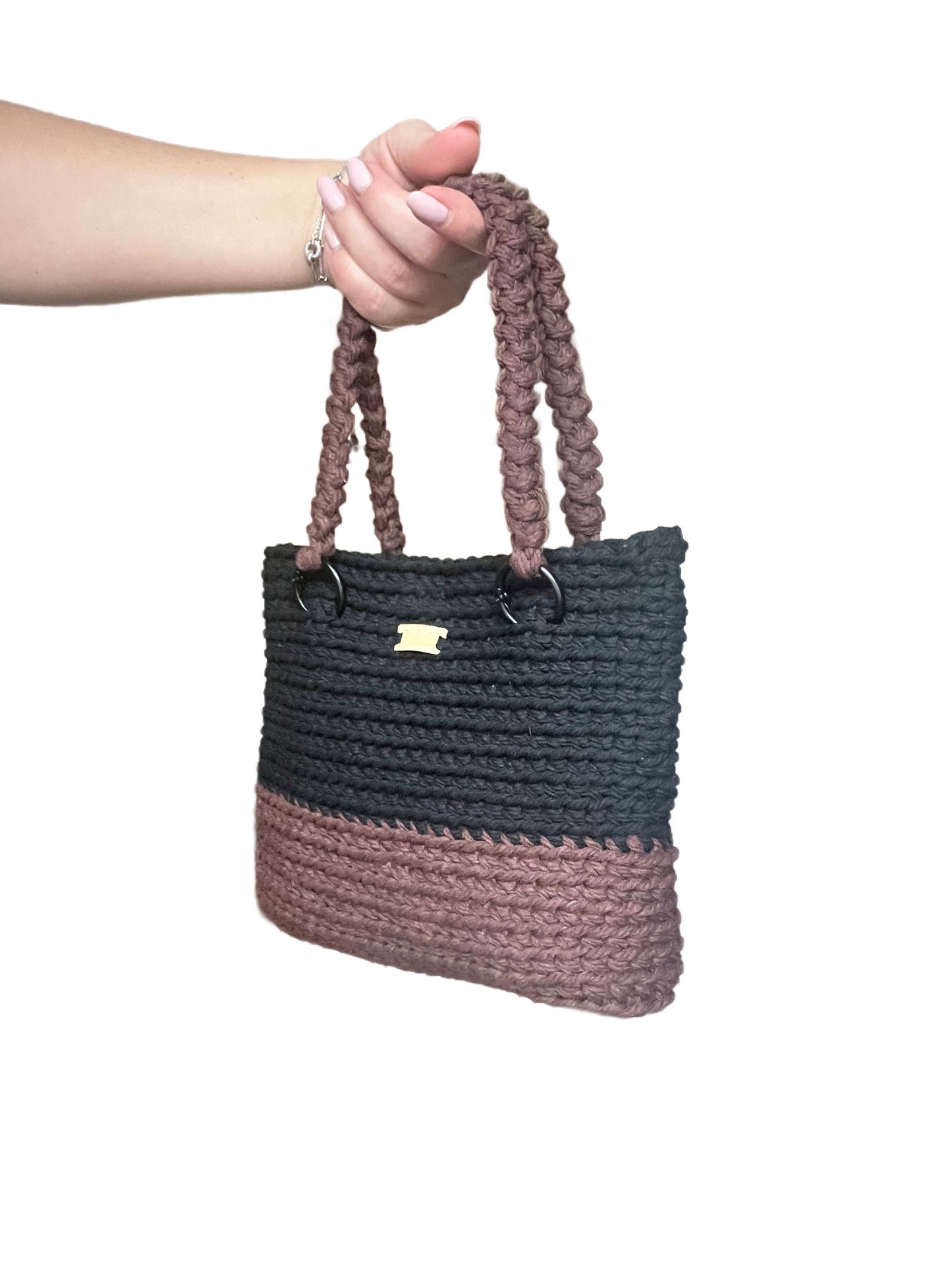 Crochet tote bag, brown and black cotton