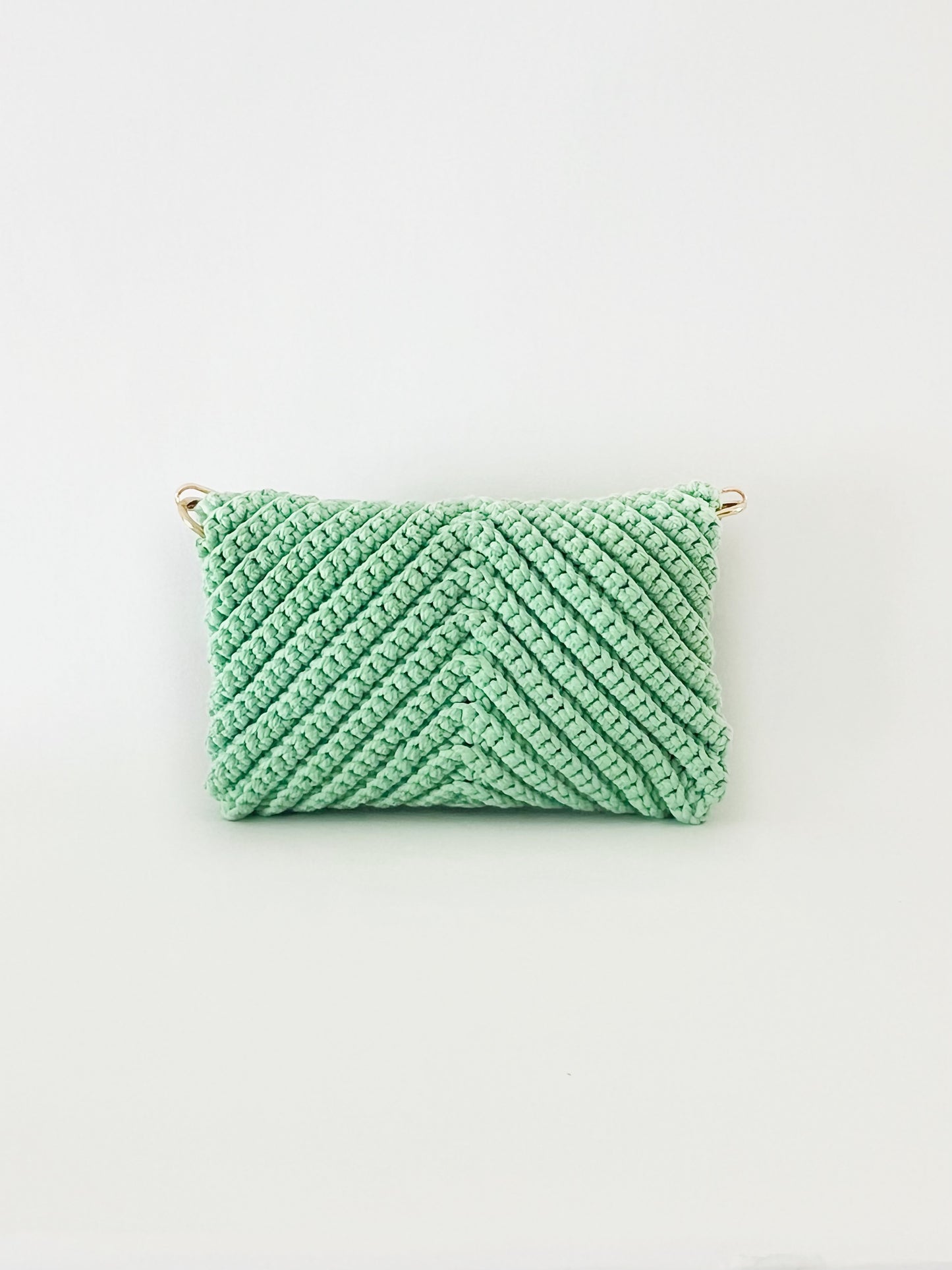 Crossbody shoulder envelope  clutch bag, green crochet cotton with gold chain