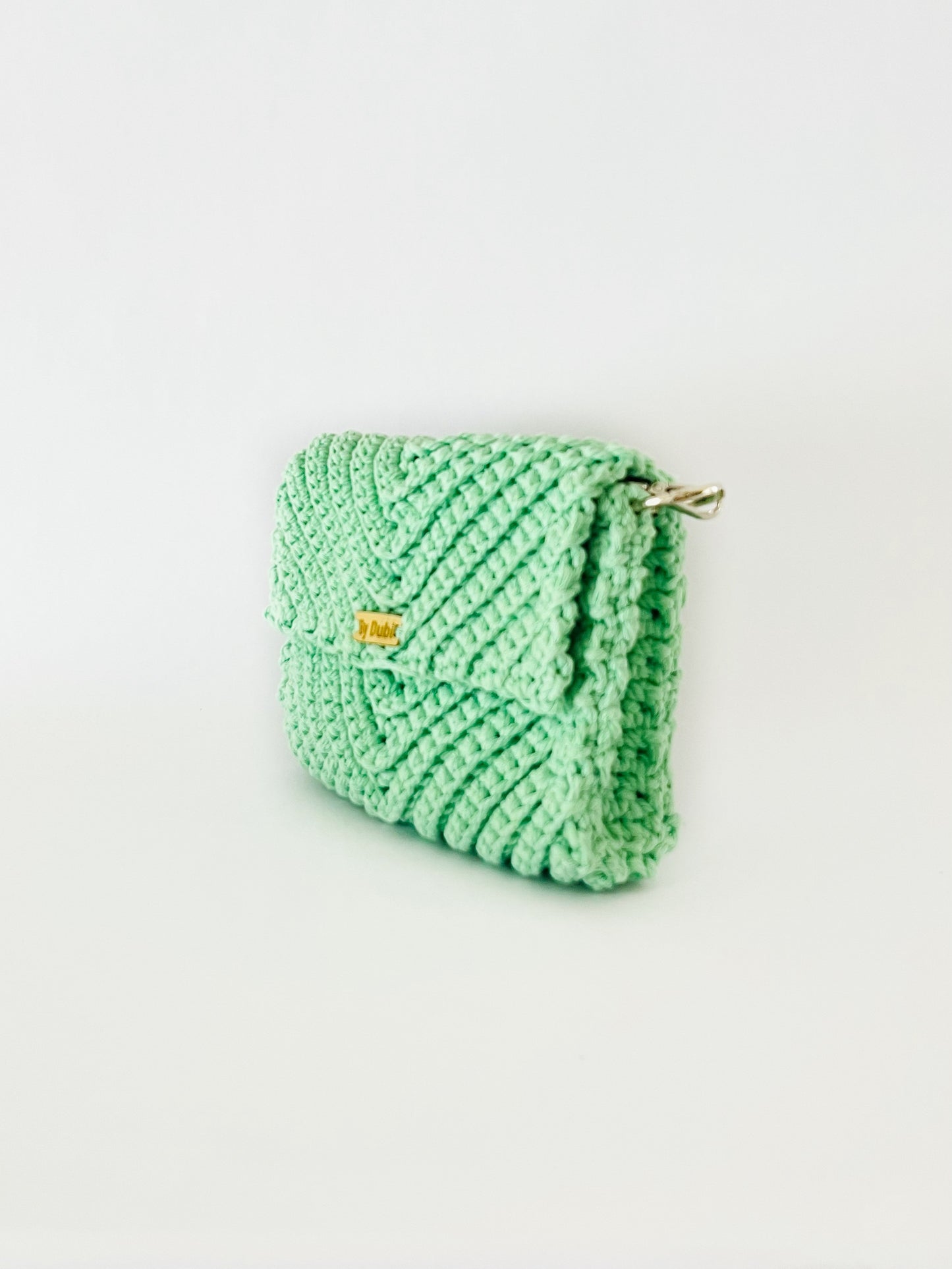 Crossbody shoulder clutch bag, green crochet cotton with silver chain