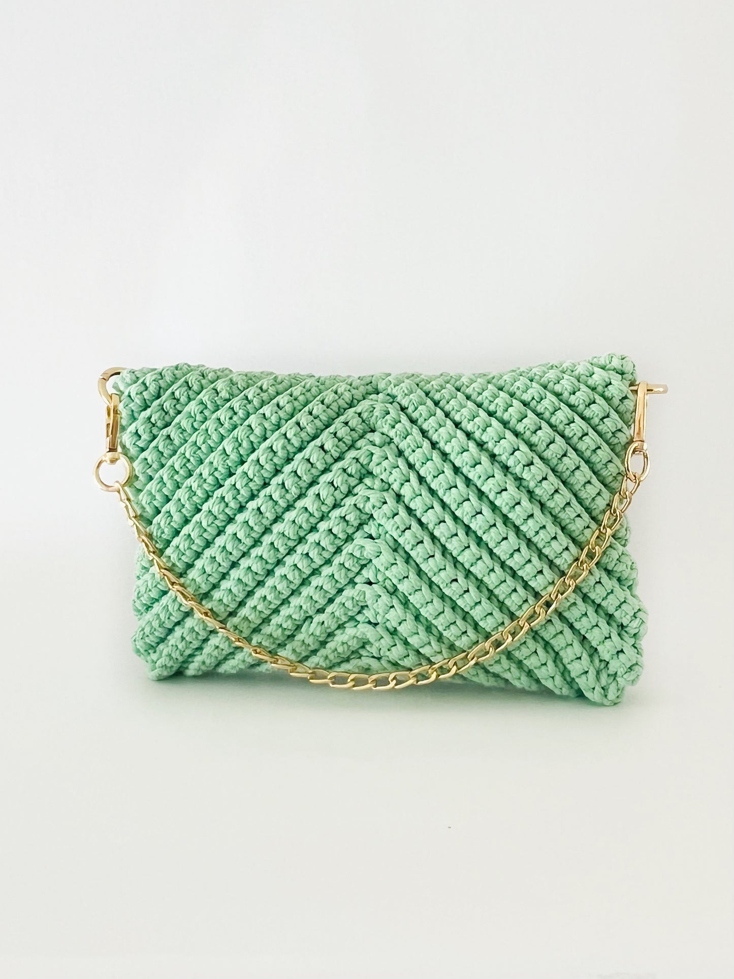 Crossbody shoulder envelope  clutch bag, green crochet cotton with gold chain