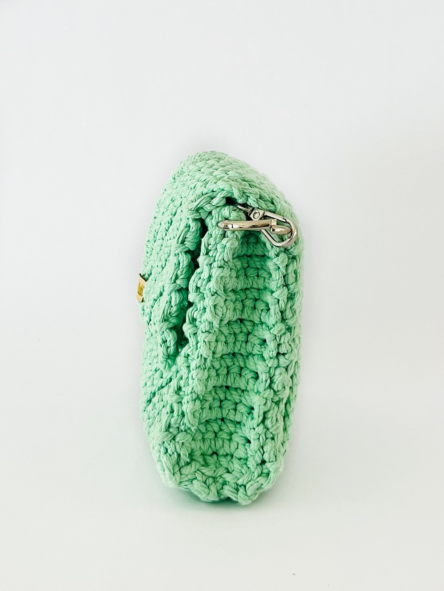 Crossbody shoulder clutch bag, green crochet cotton with silver chain