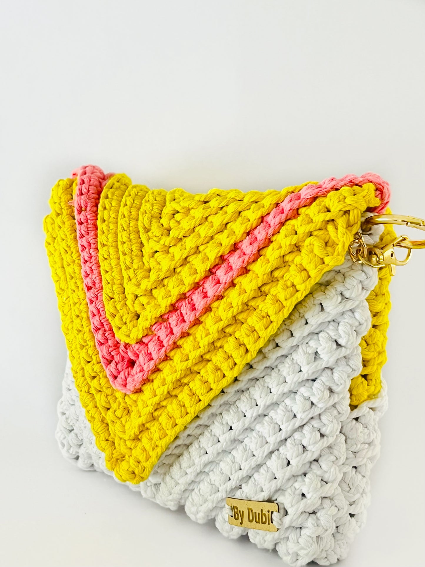 Crossbody shoulder envelope  clutch bag, white, yellow and pink crochet cotton with gold chain