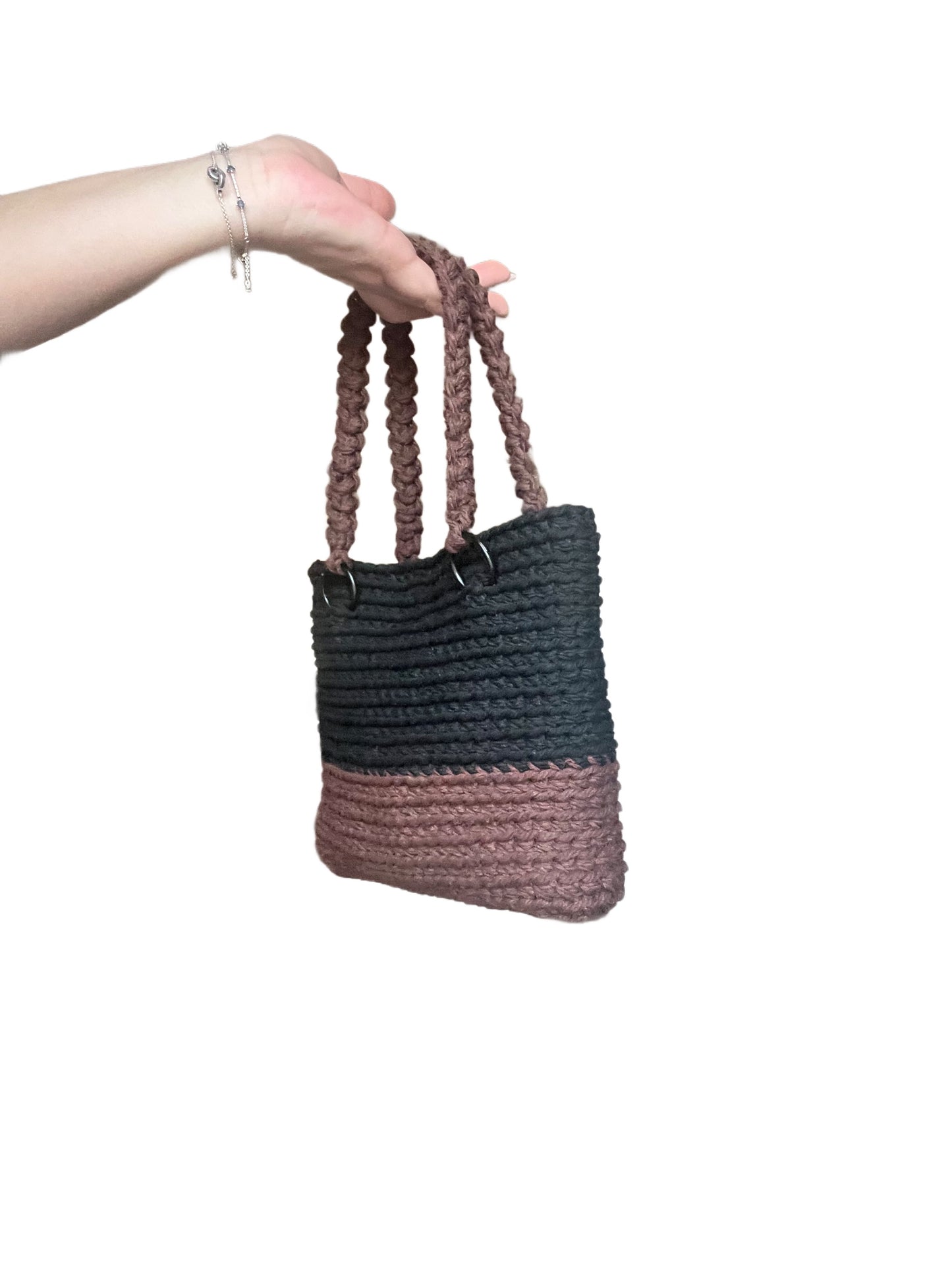 Crochet tote bag, brown and black cotton