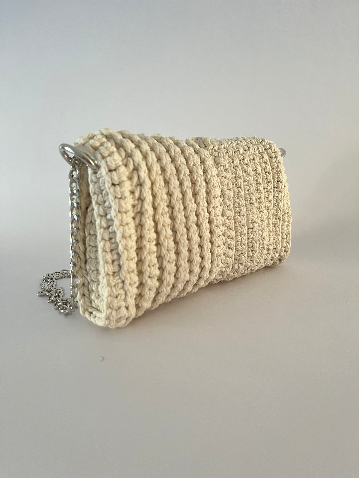 Crossbody shoulder clutch bag, natural crochet cotton with silver chain