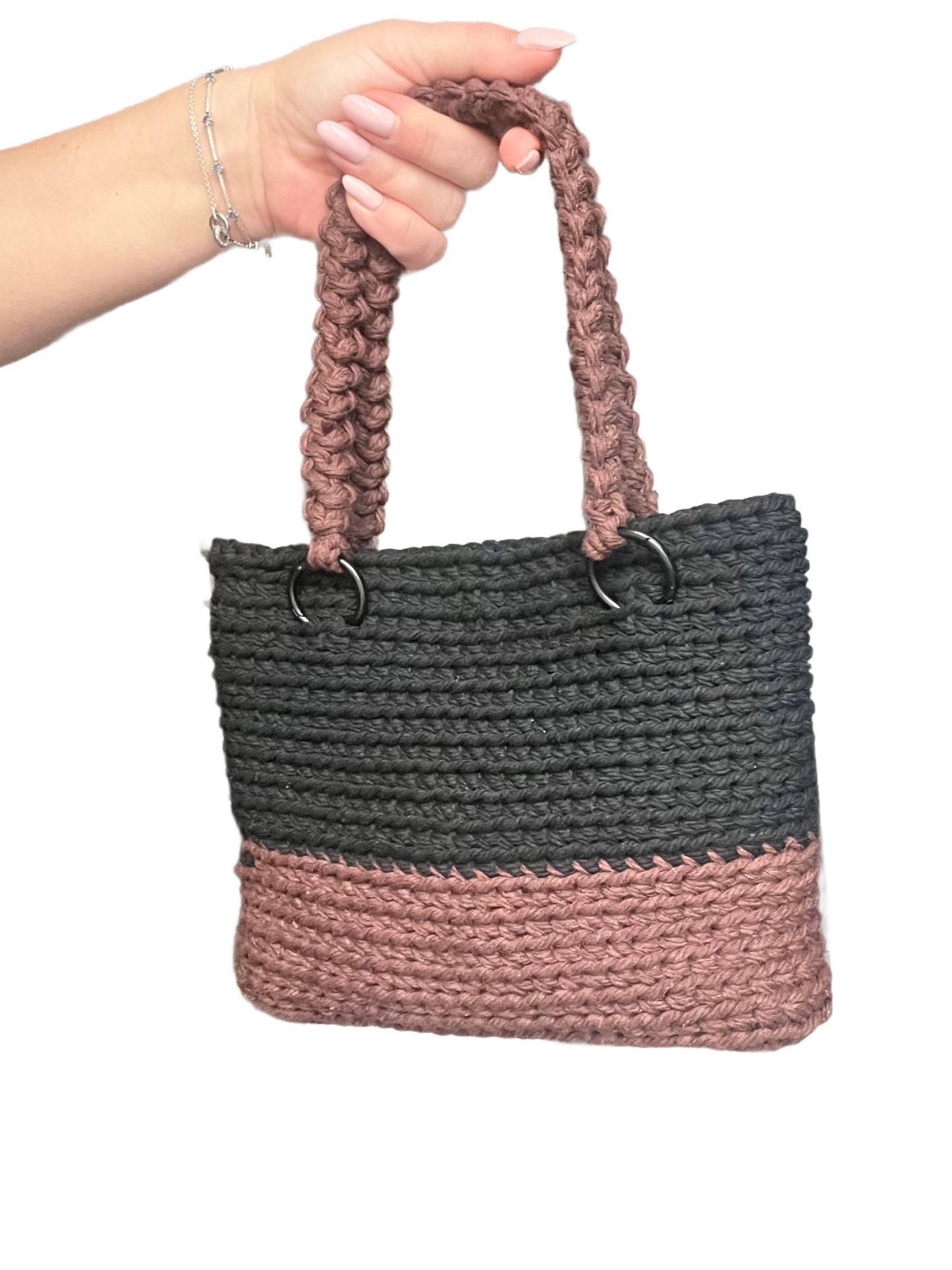 Crochet tote bag, brown and black cotton