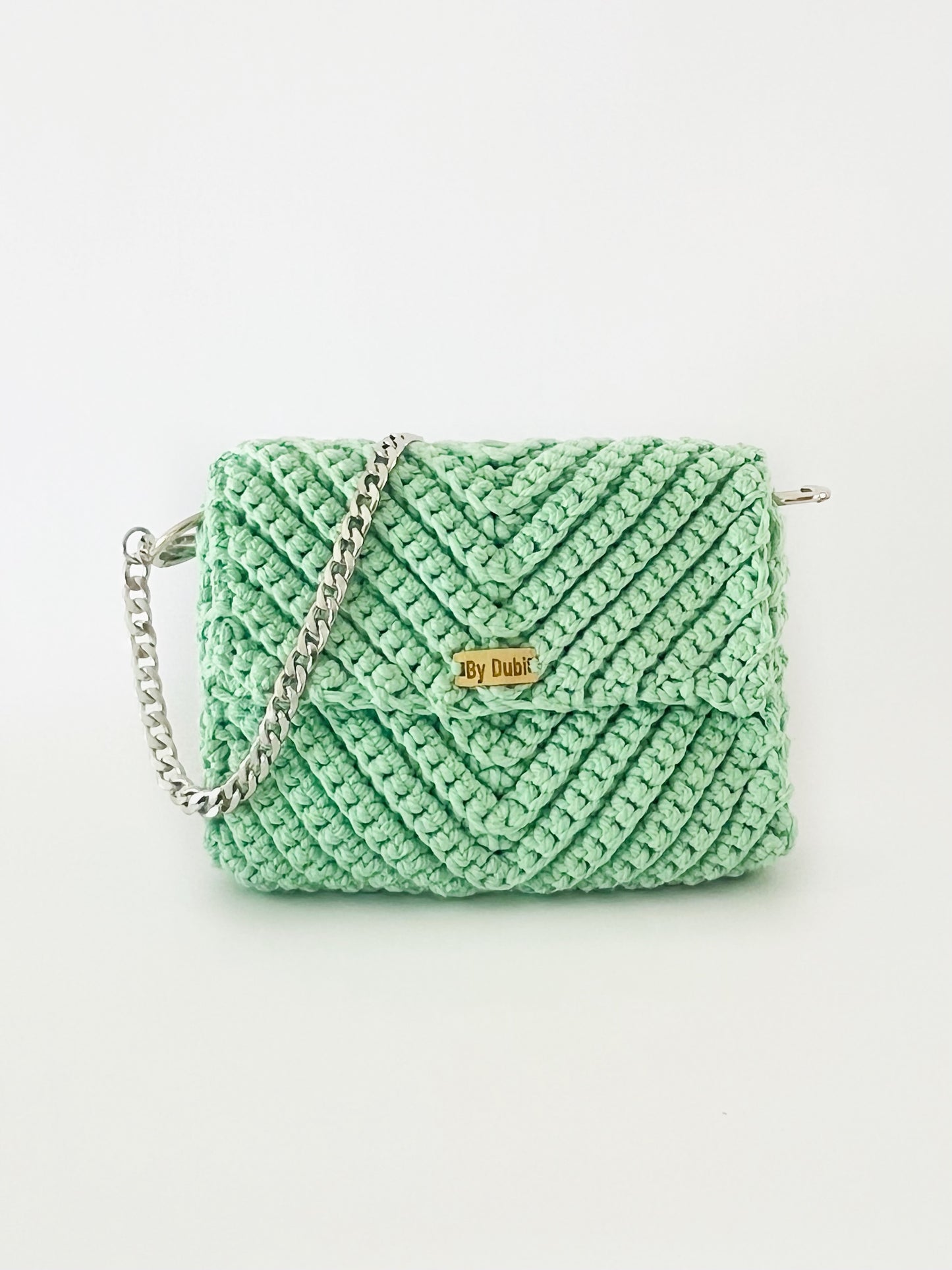 Crossbody shoulder clutch bag, green crochet cotton with silver chain