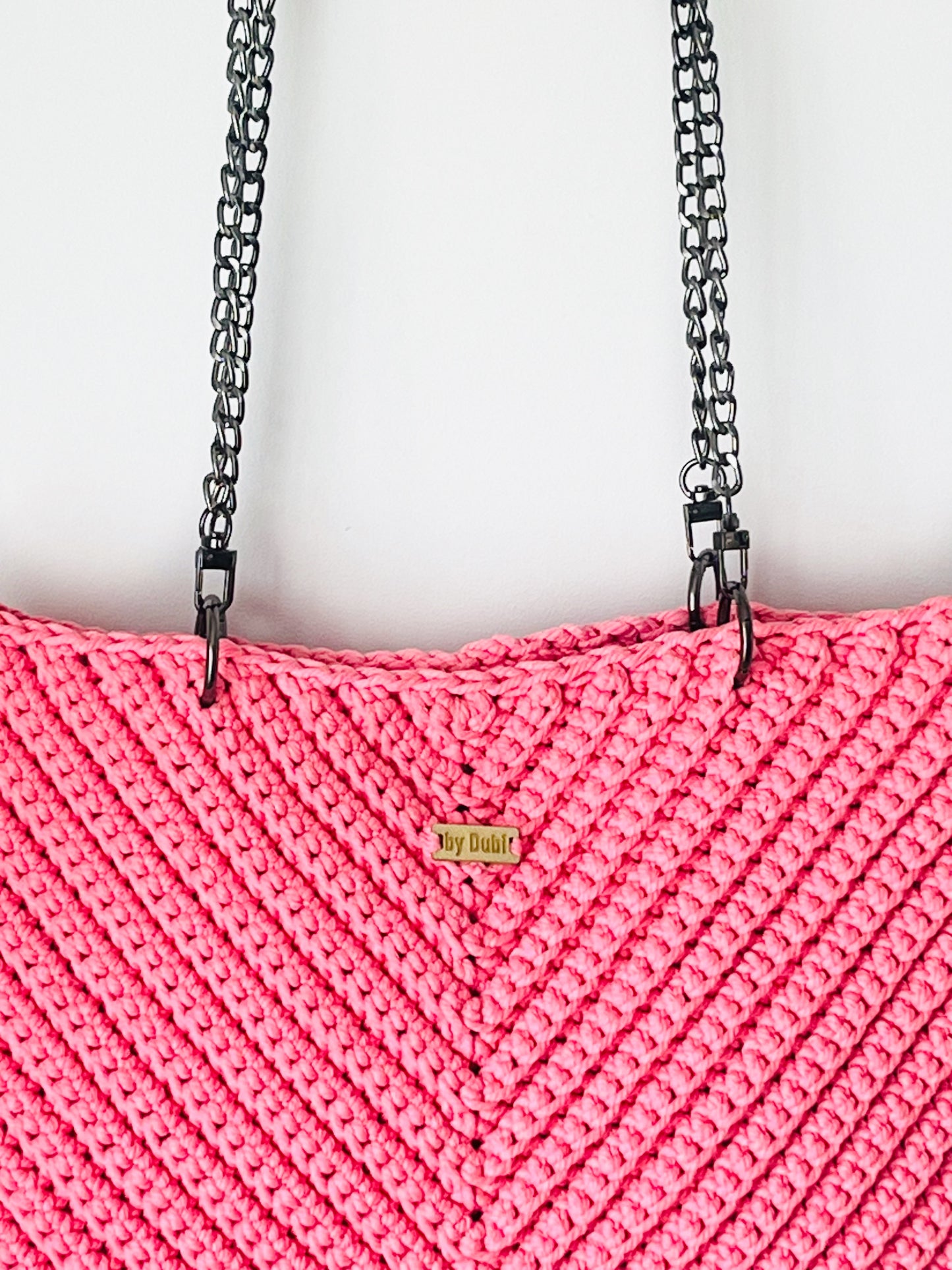 Crochet tote shoulder bag, pink cotton  with black chain