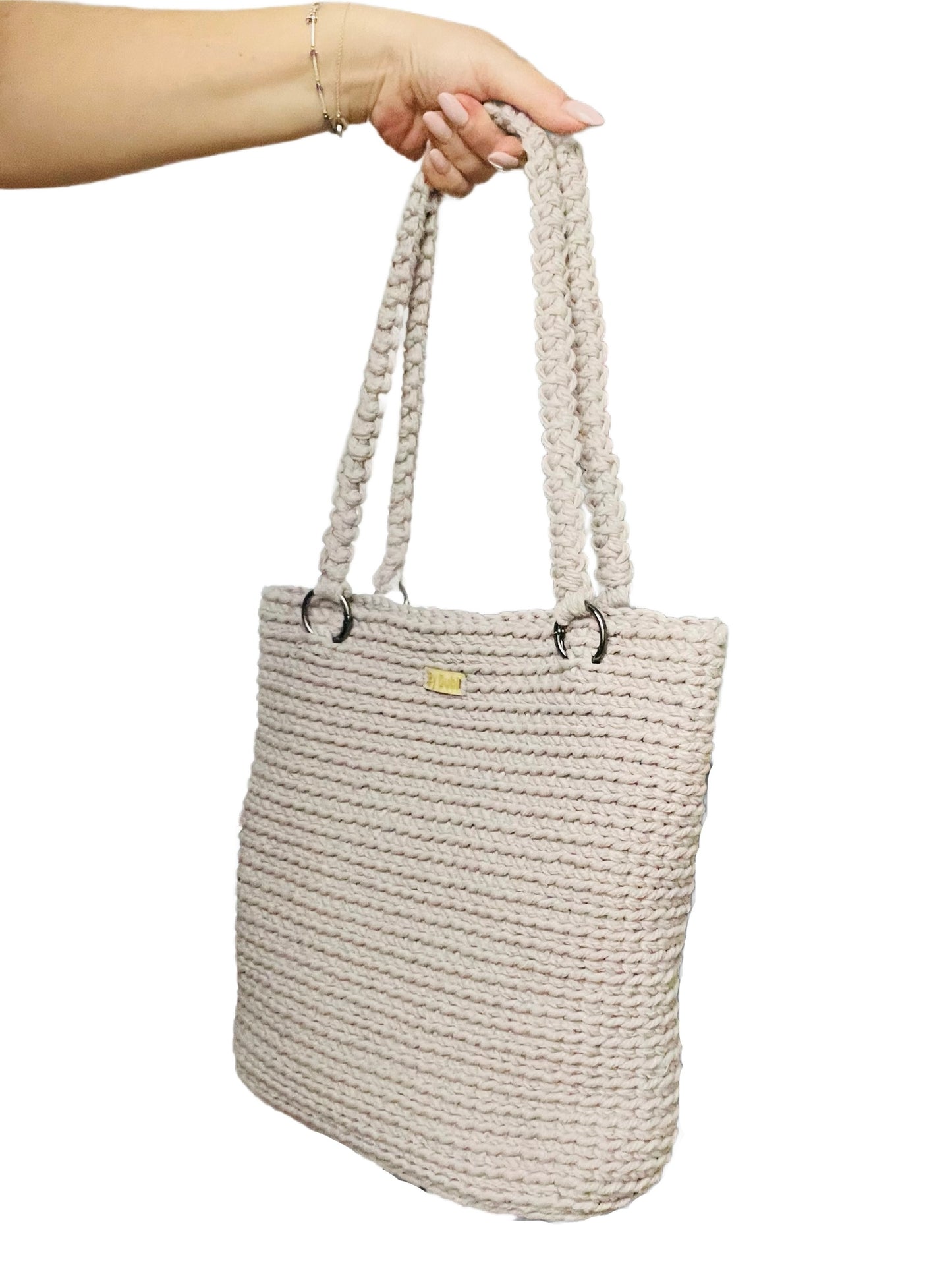 Crochet tote bag, soft beige grey cotton