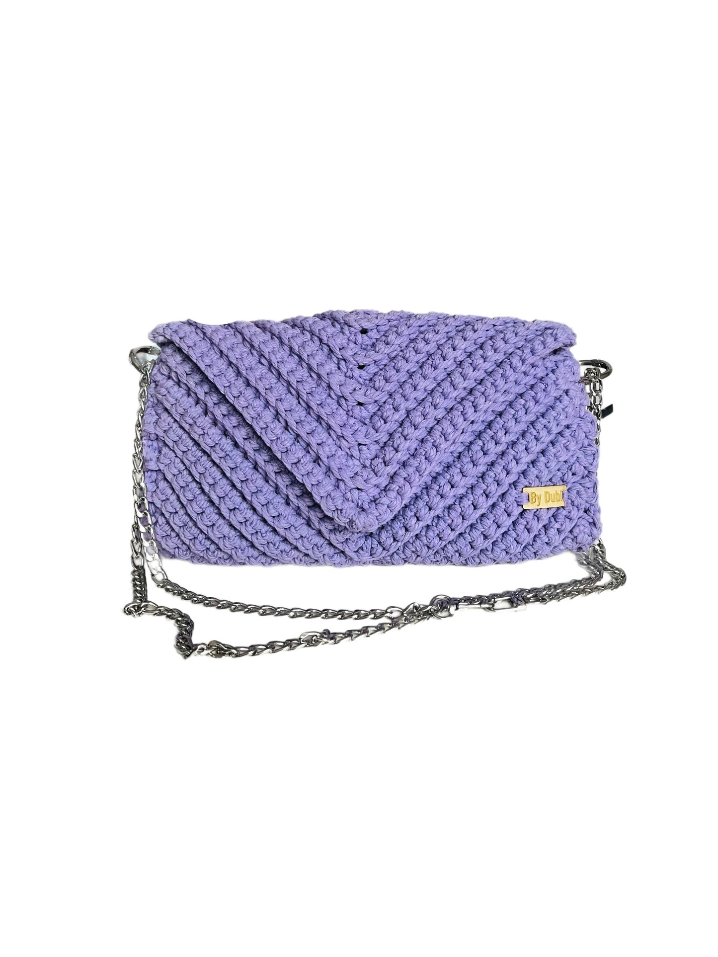 Crossbody shoulder envelope  clutch bag, light purple lilac crochet cotton with silver chain