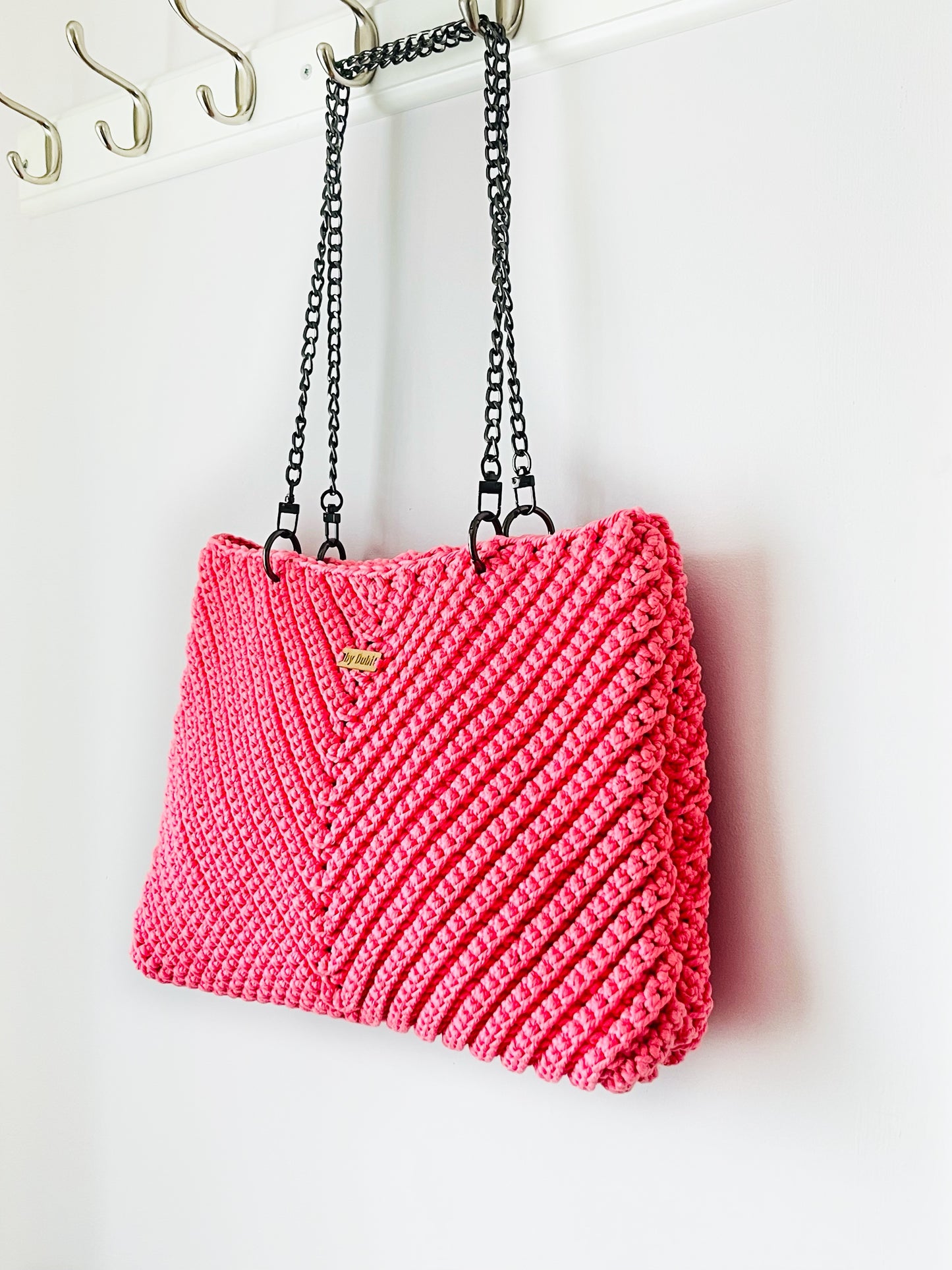 Crochet tote shoulder bag, pink cotton  with black chain