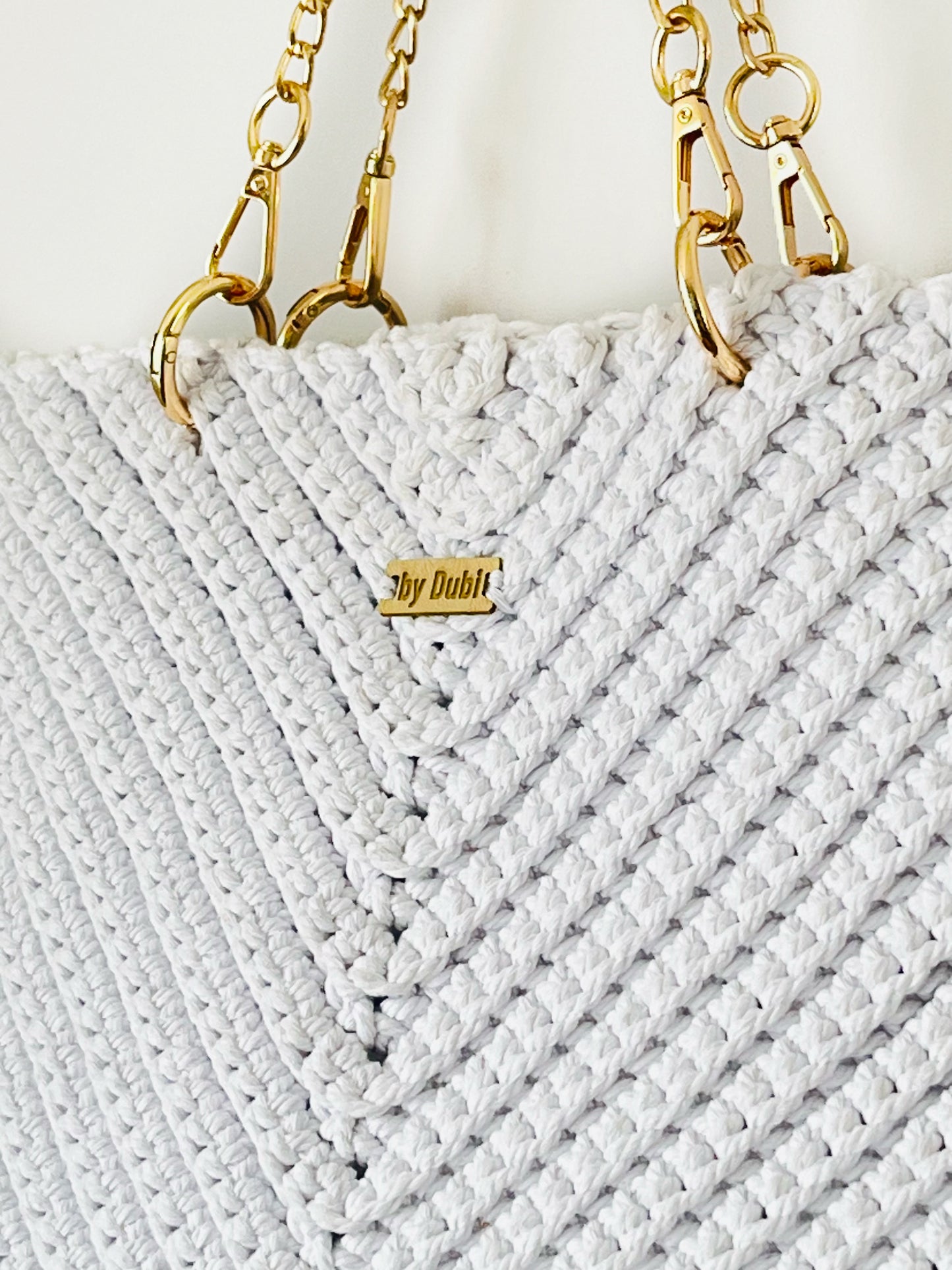 Crochet tote shoulder bag, white cotton  with gold chain