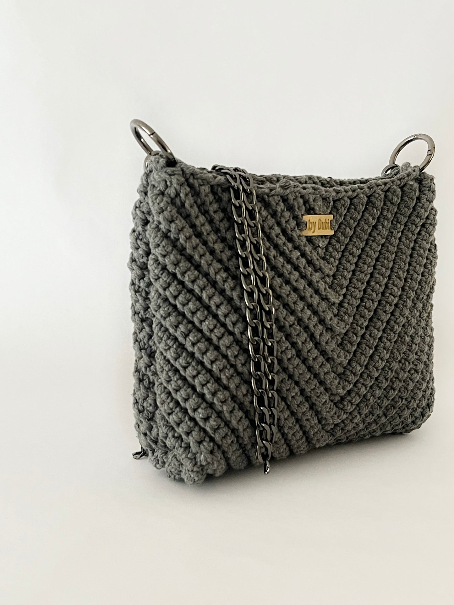 Crossbody shoulder small bag, grey crochet cotton with black chain