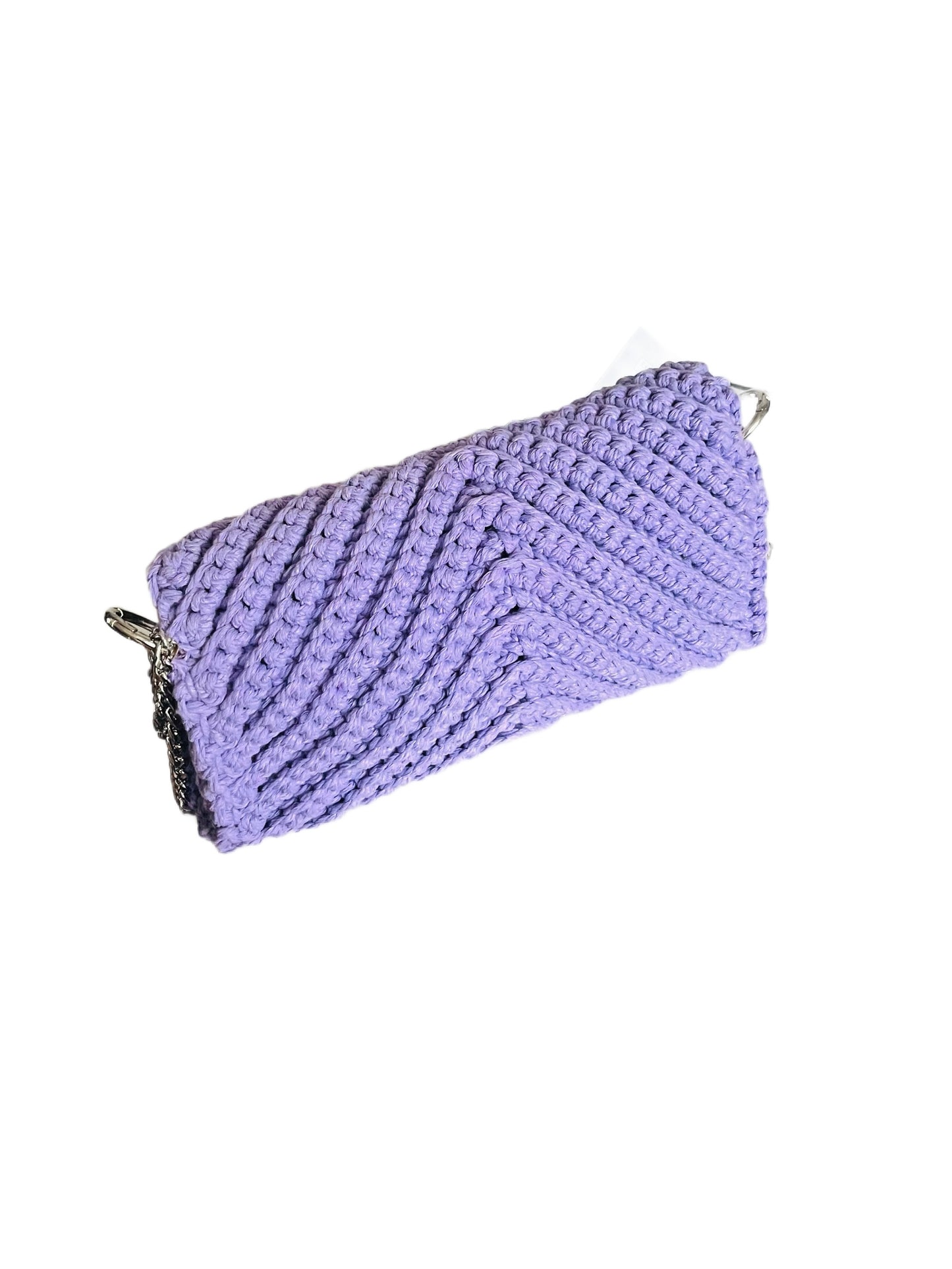 Crossbody shoulder envelope  clutch bag, light purple lilac crochet cotton with silver chain