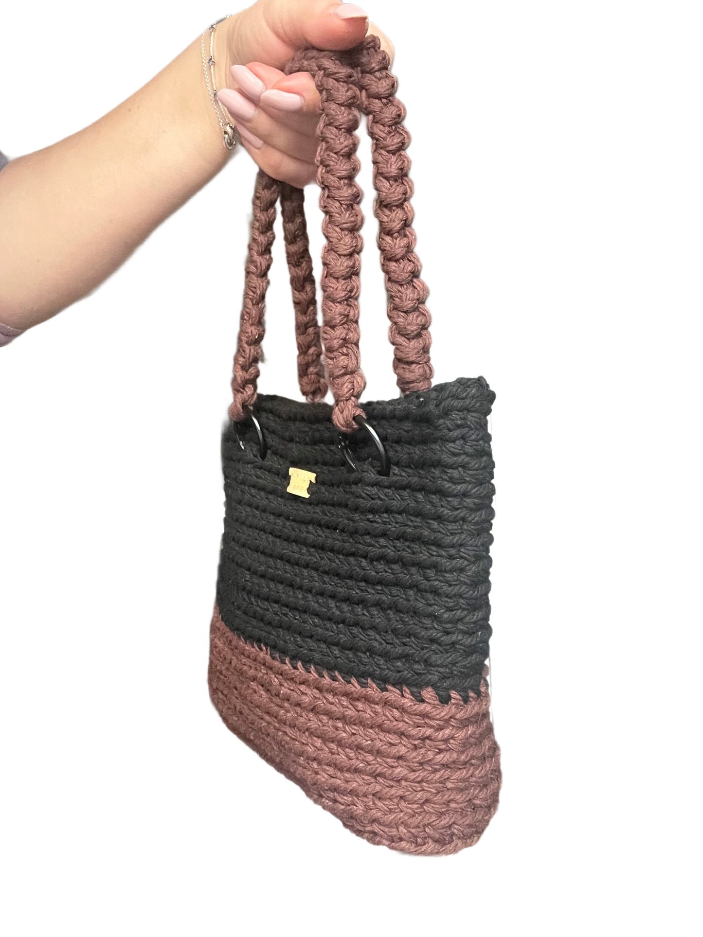 Crochet tote bag, brown and black cotton