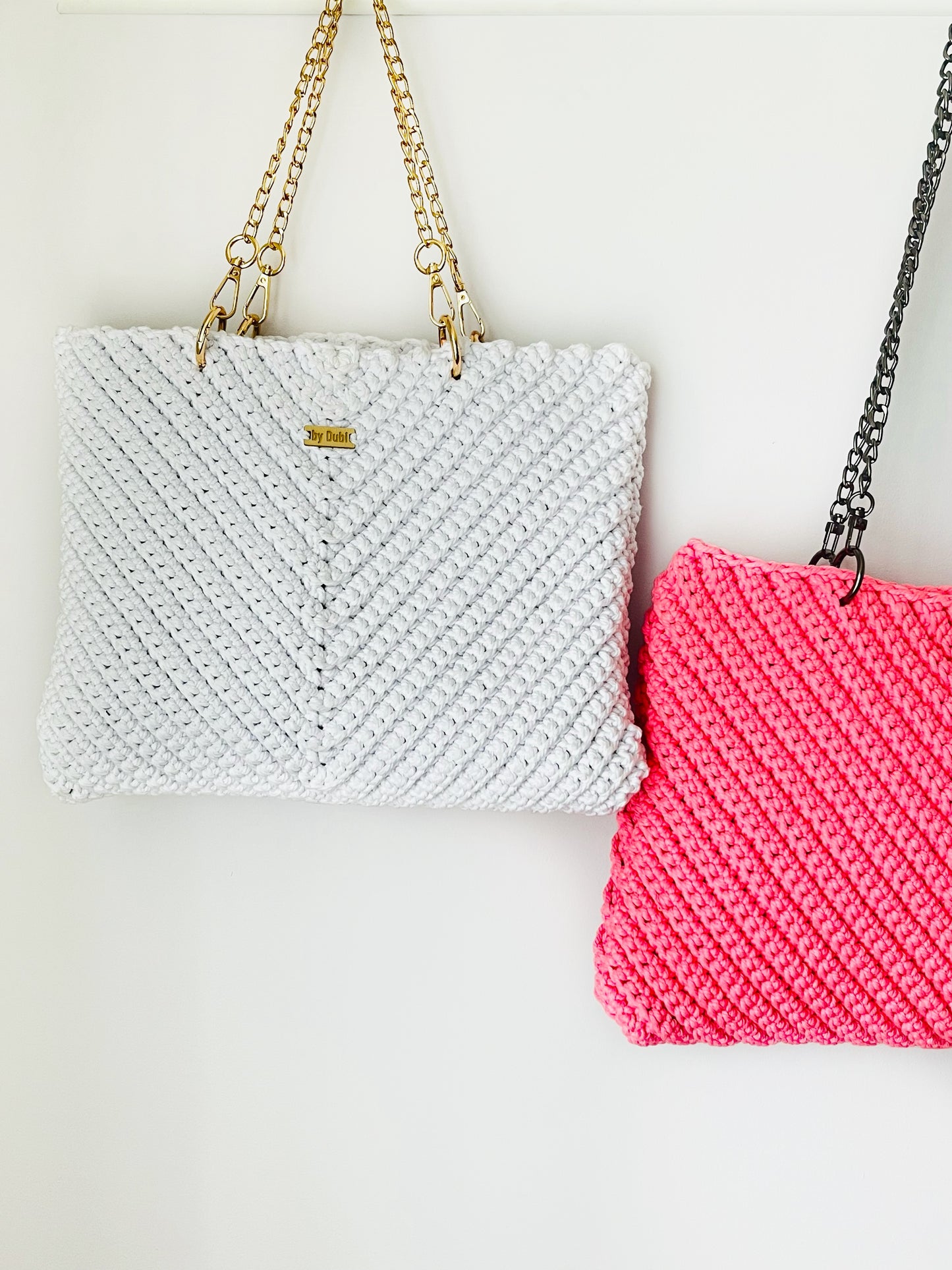 Crochet tote shoulder bag, white cotton  with gold chain