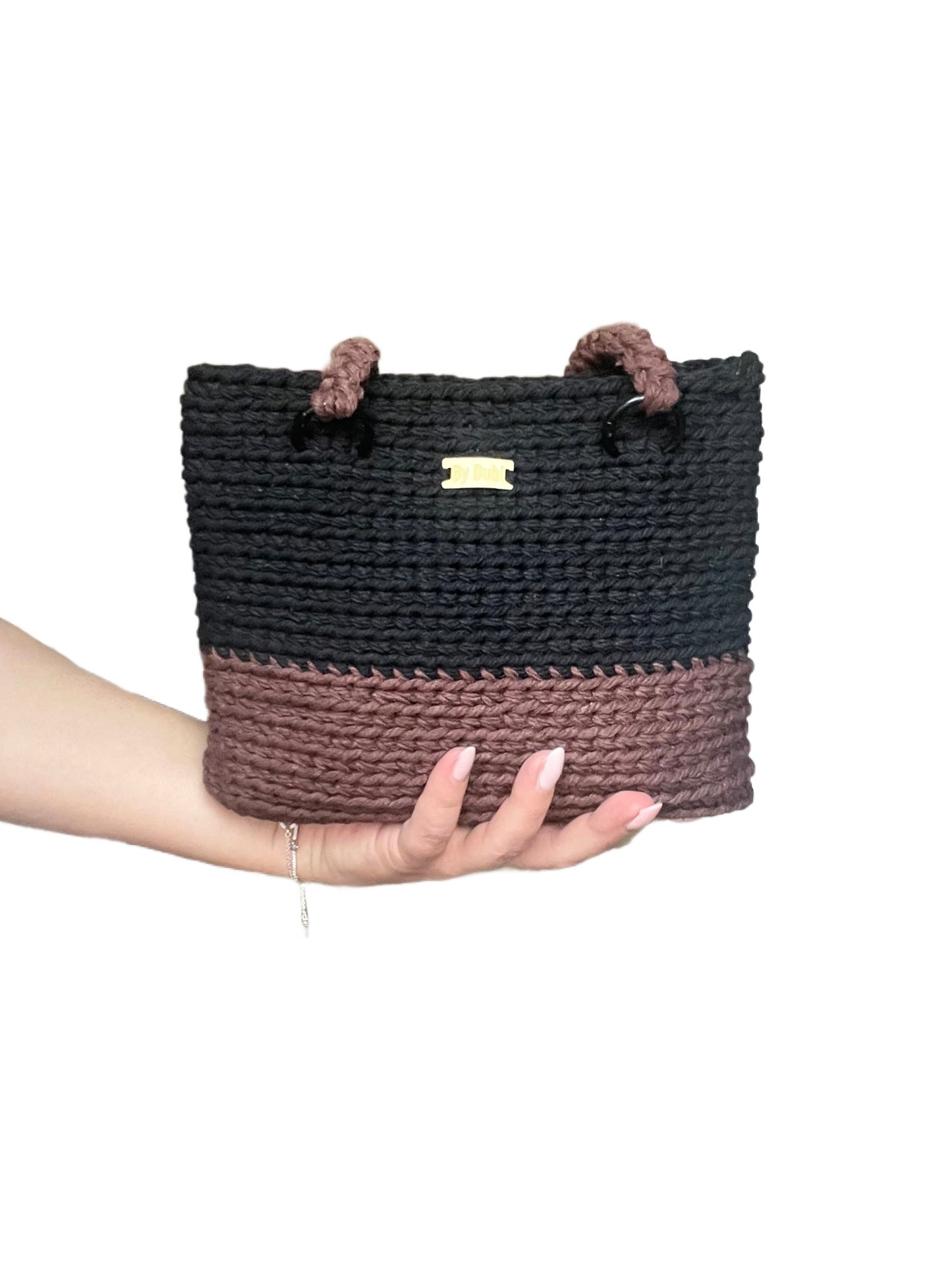 Crochet tote bag, brown and black cotton