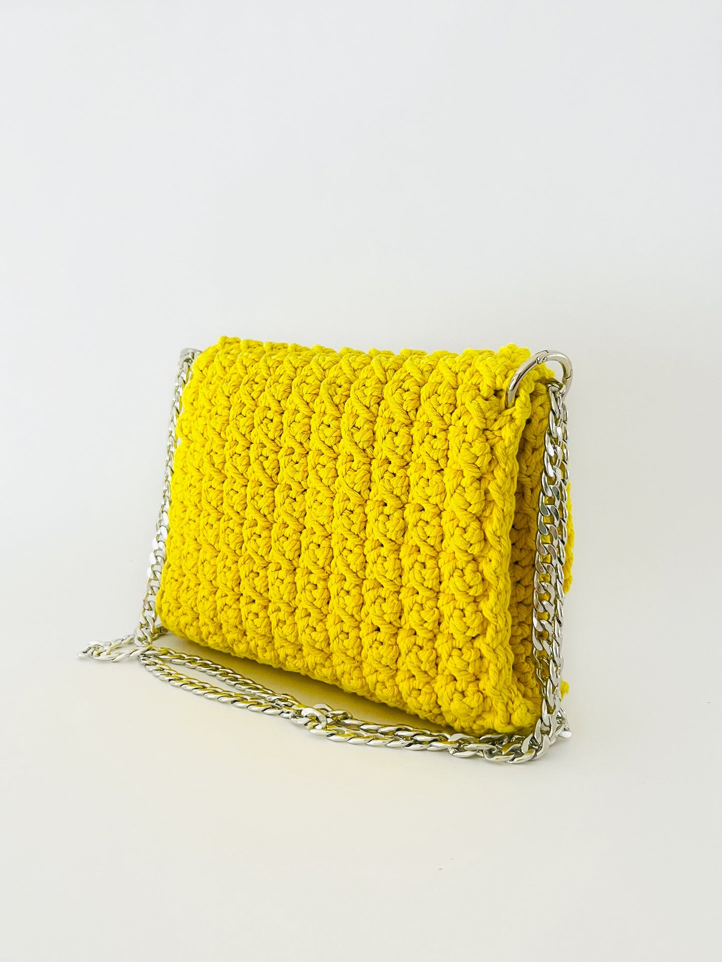 Crossbody shoulder clutch bag, yellow crochet cotton with silver chain