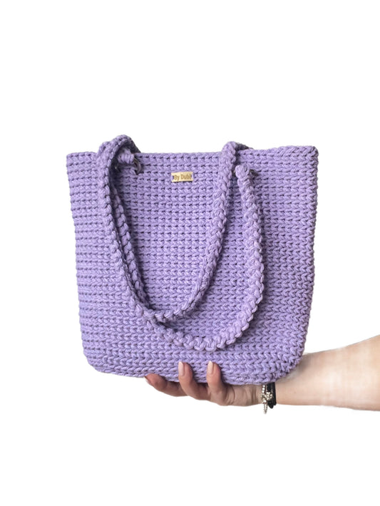 Crochet tote bag, light purple lavander cotton