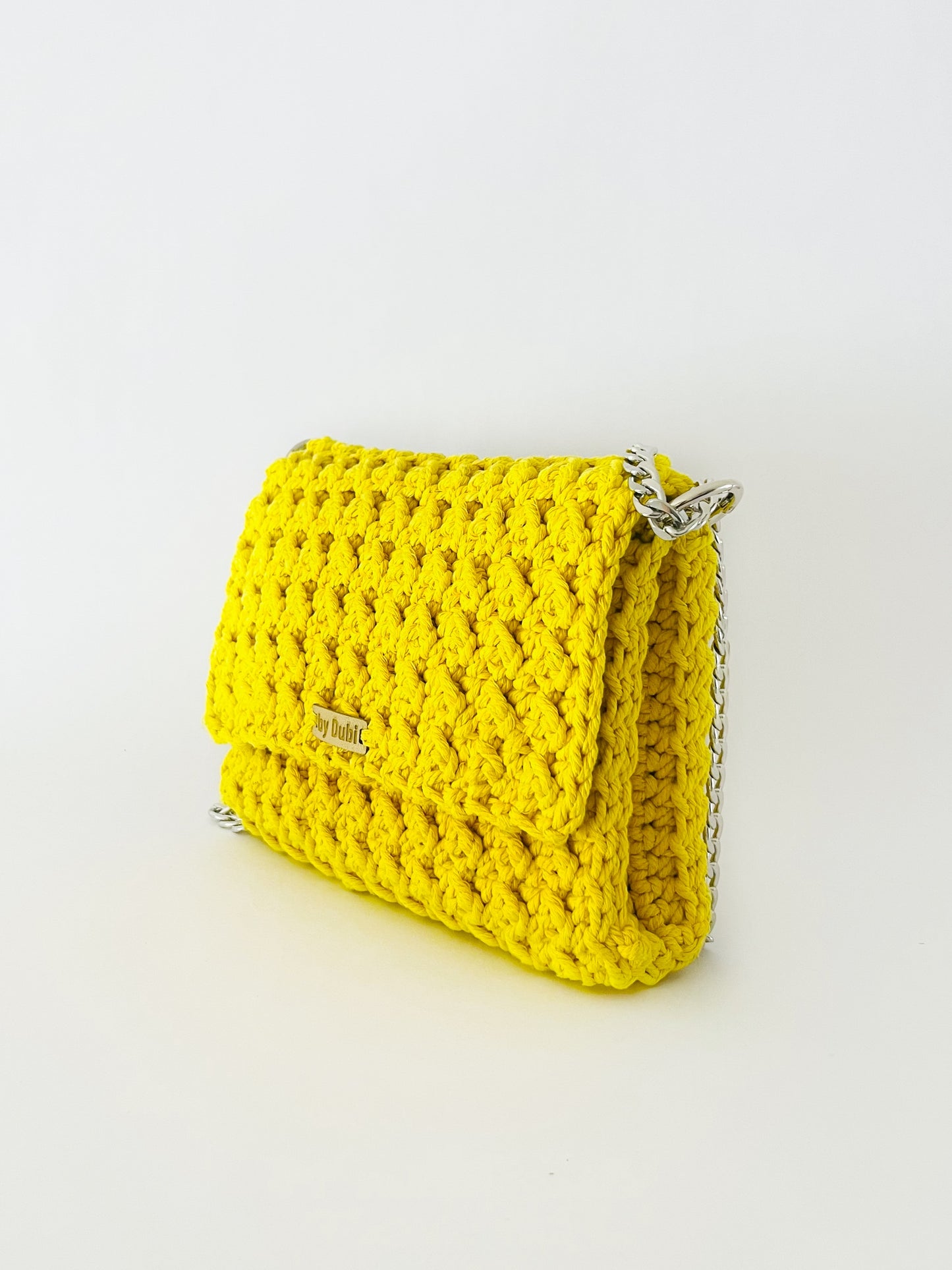 Crossbody shoulder clutch bag, yellow crochet cotton with silver chain