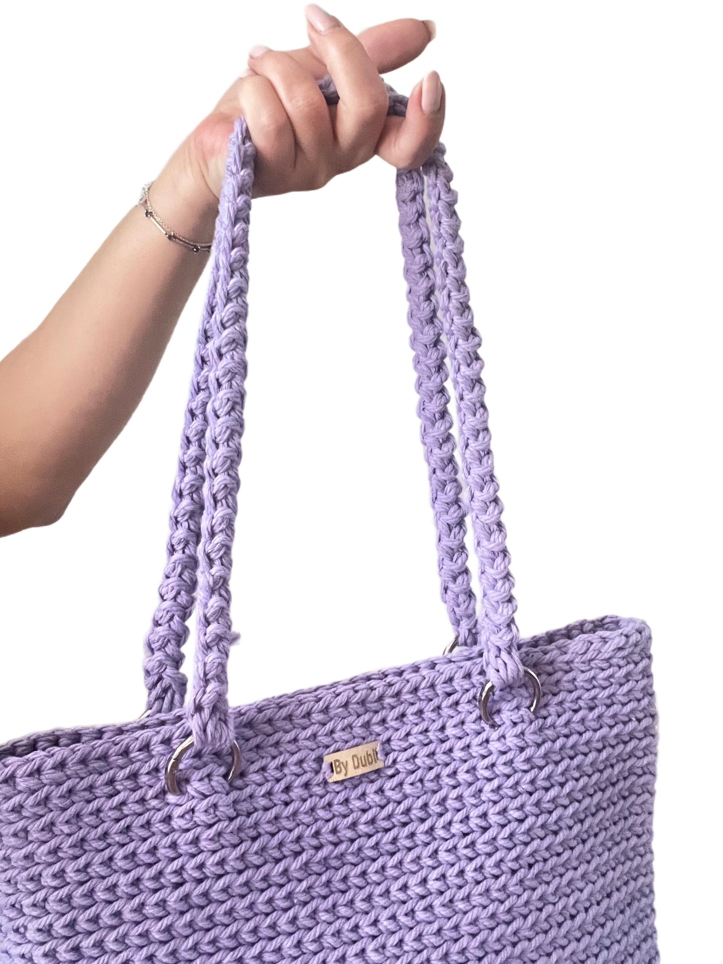 Crochet tote bag, light purple lavander cotton