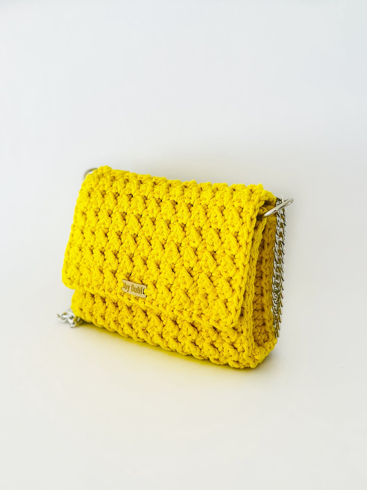 Crossbody shoulder clutch bag, yellow crochet cotton with silver chain