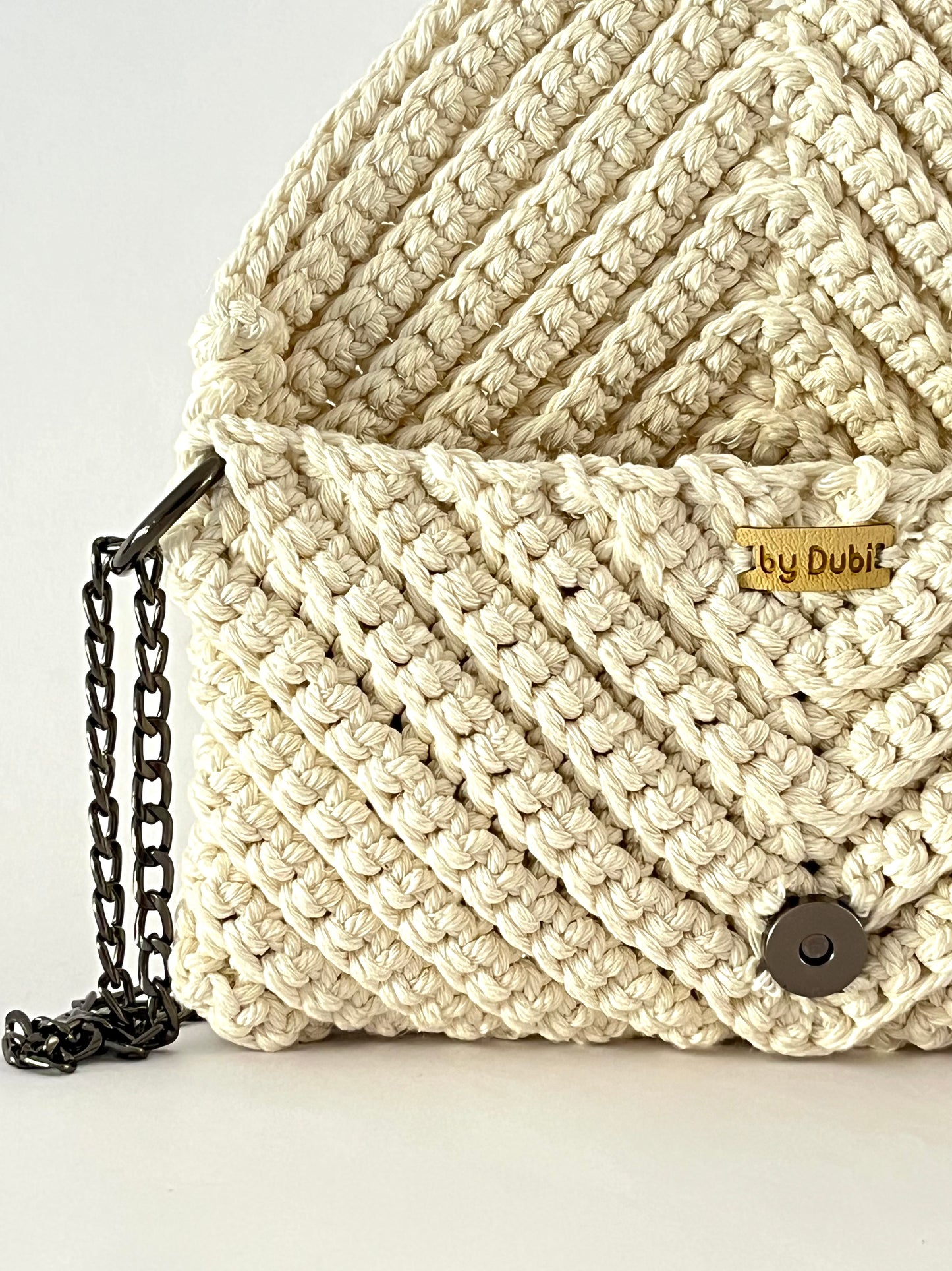 Crossbody shoulder clutch bag, natural crochet cotton with gunmetal chain