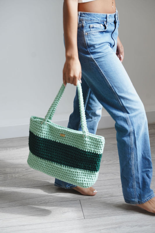 Crochet tote bag, beach bag, lime green with dark green cotton