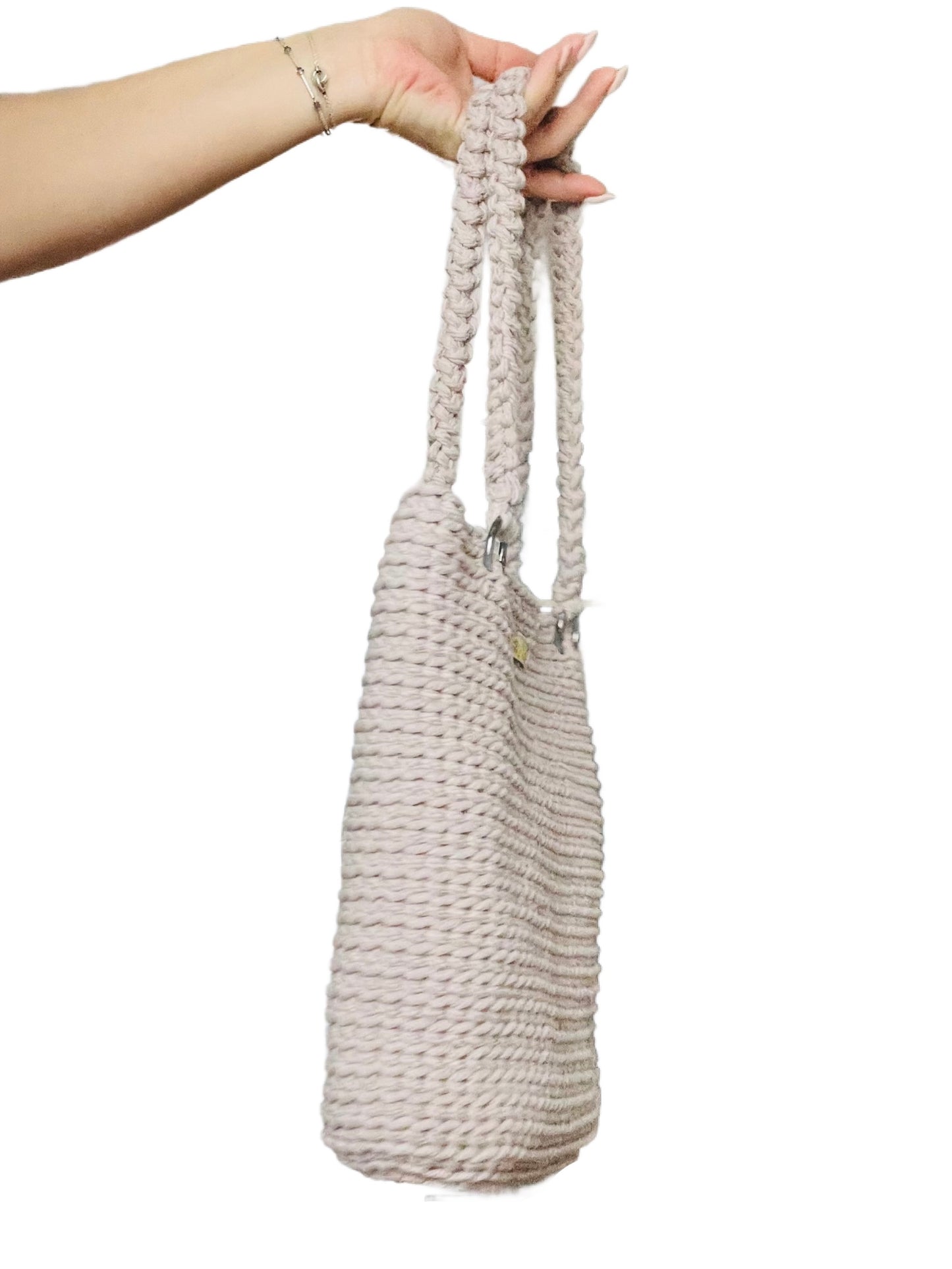 Crochet tote bag, soft beige grey cotton