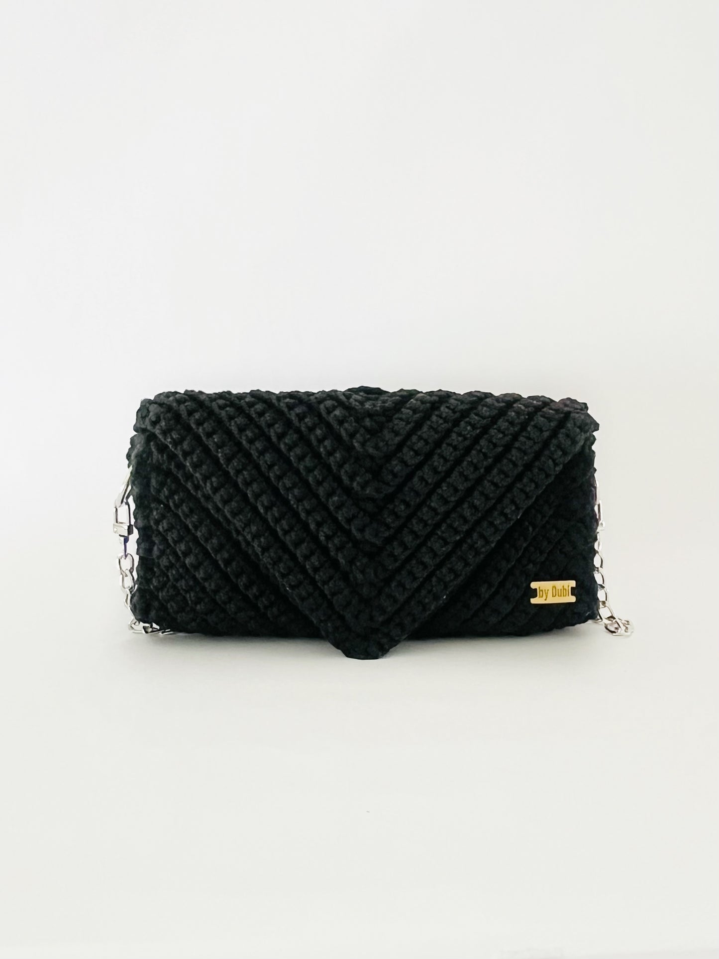 Crossbody shoulder envelope  clutch bag, black crochet cotton with silver chain