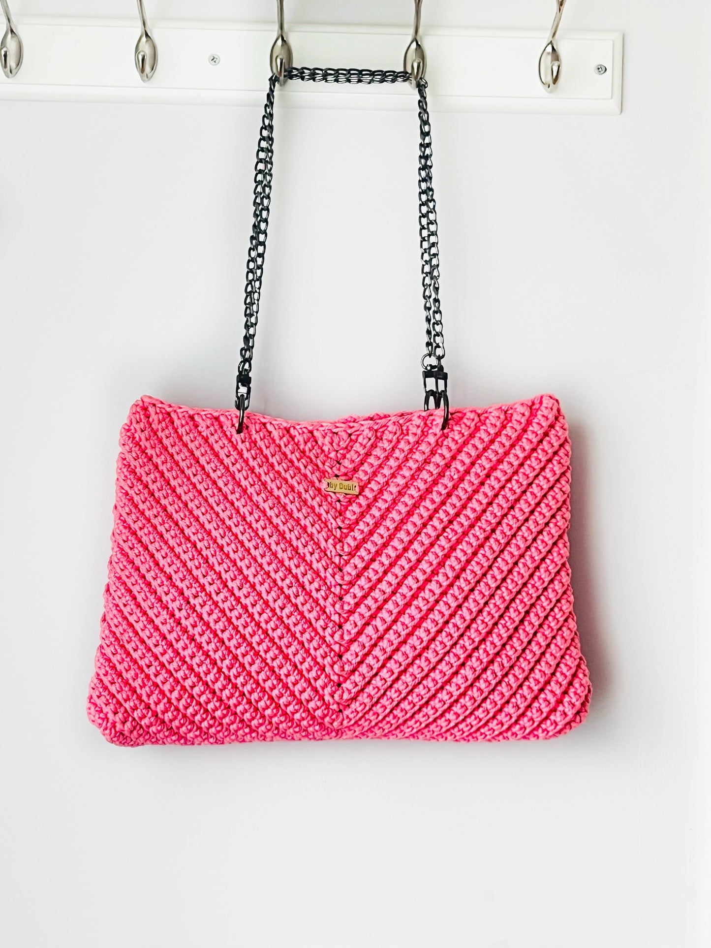 Crochet tote shoulder bag, pink cotton  with black chain