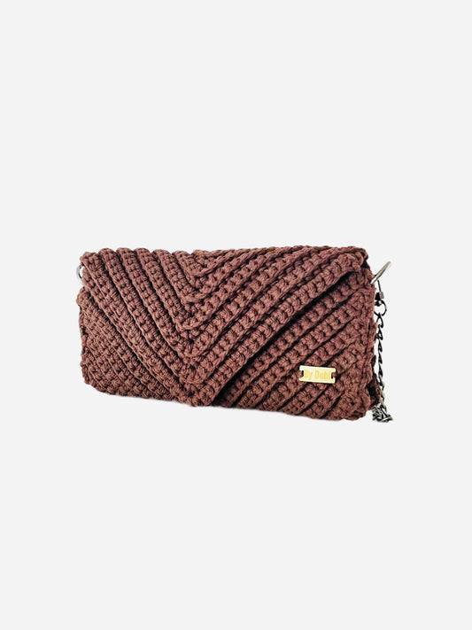 Crossbody shoulder envelope  clutch bag, brown crochet cotton with black chain