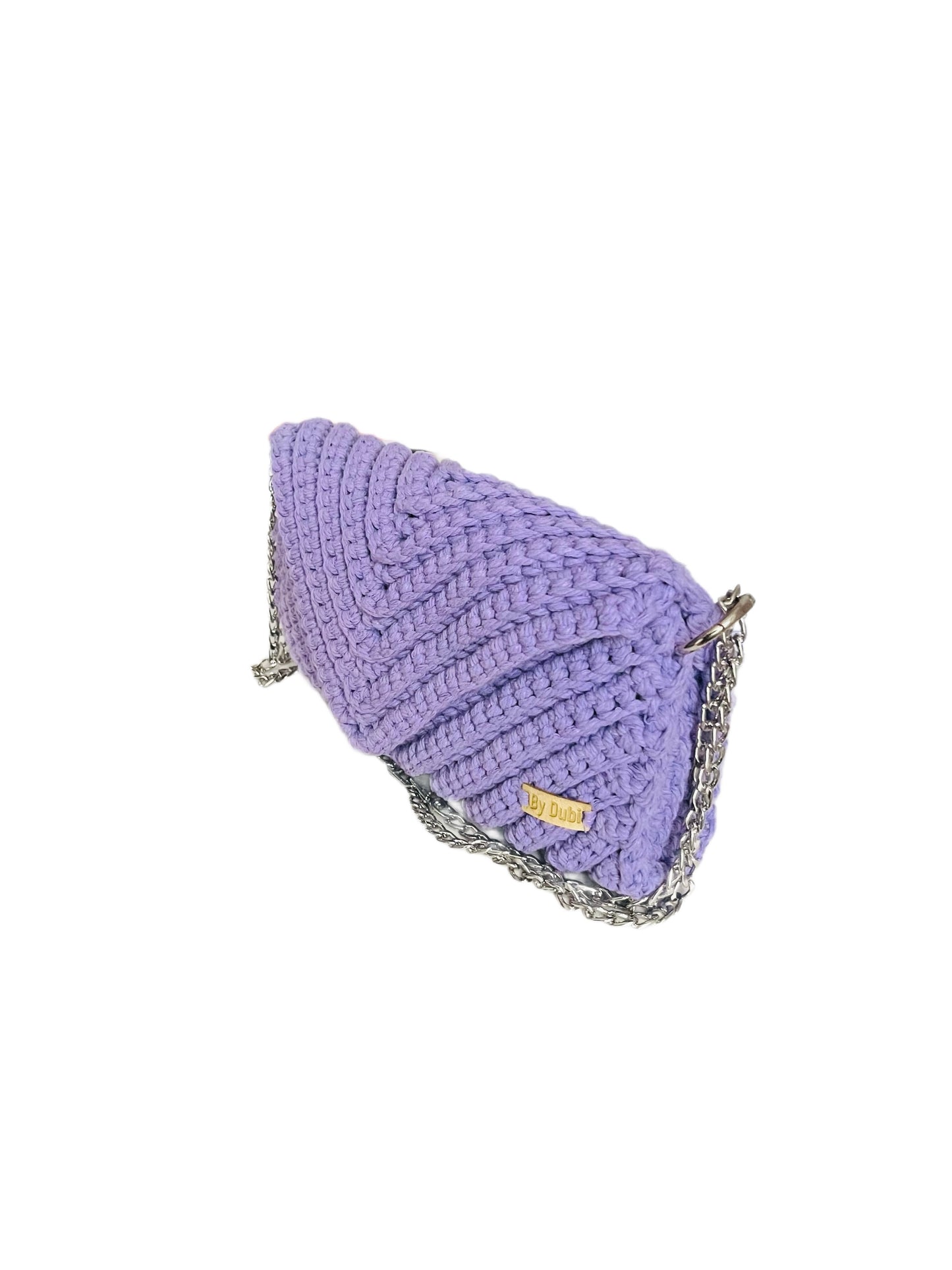 Crossbody shoulder envelope  clutch bag, light purple lilac crochet cotton with silver chain