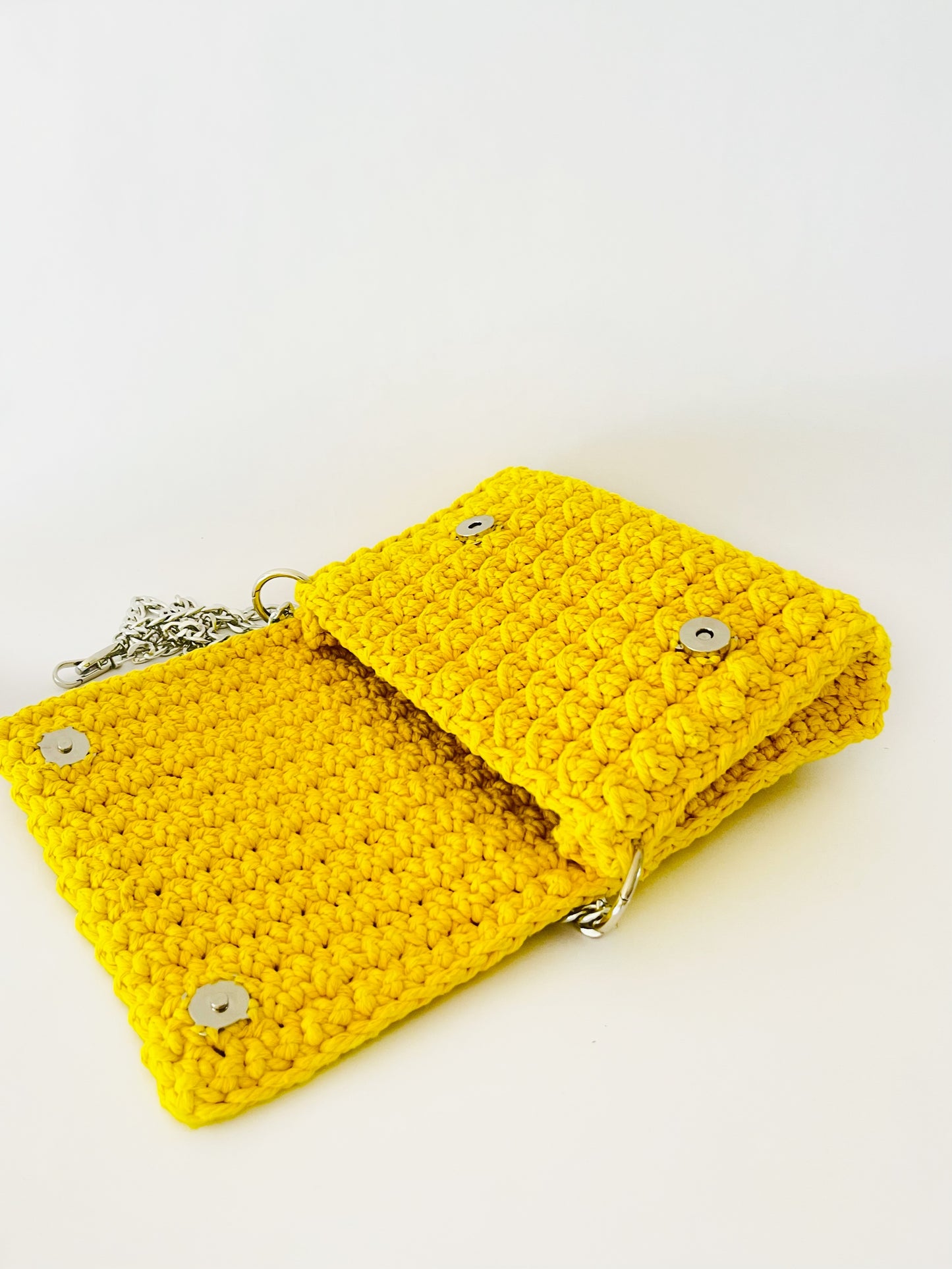 Crossbody shoulder clutch bag, yellow crochet cotton with silver chain