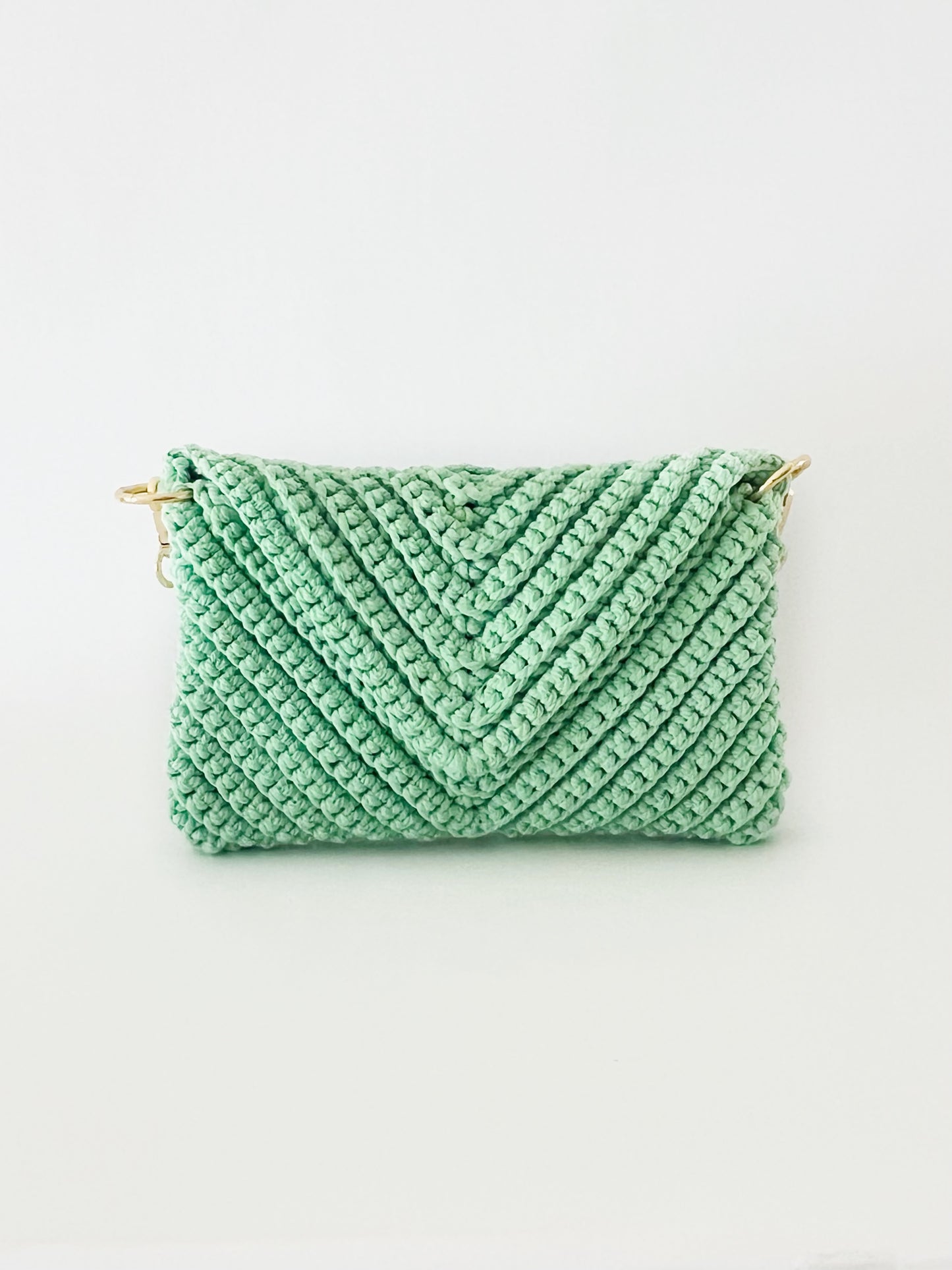 Crossbody shoulder envelope  clutch bag, green crochet cotton with gold chain