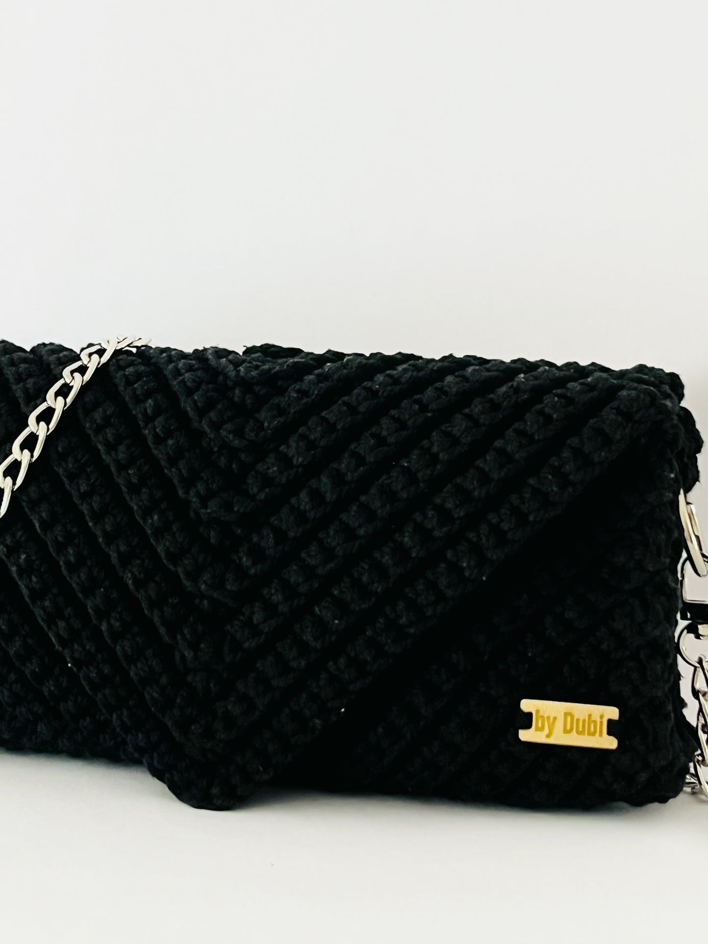 Crossbody shoulder envelope  clutch bag, black crochet cotton with silver chain