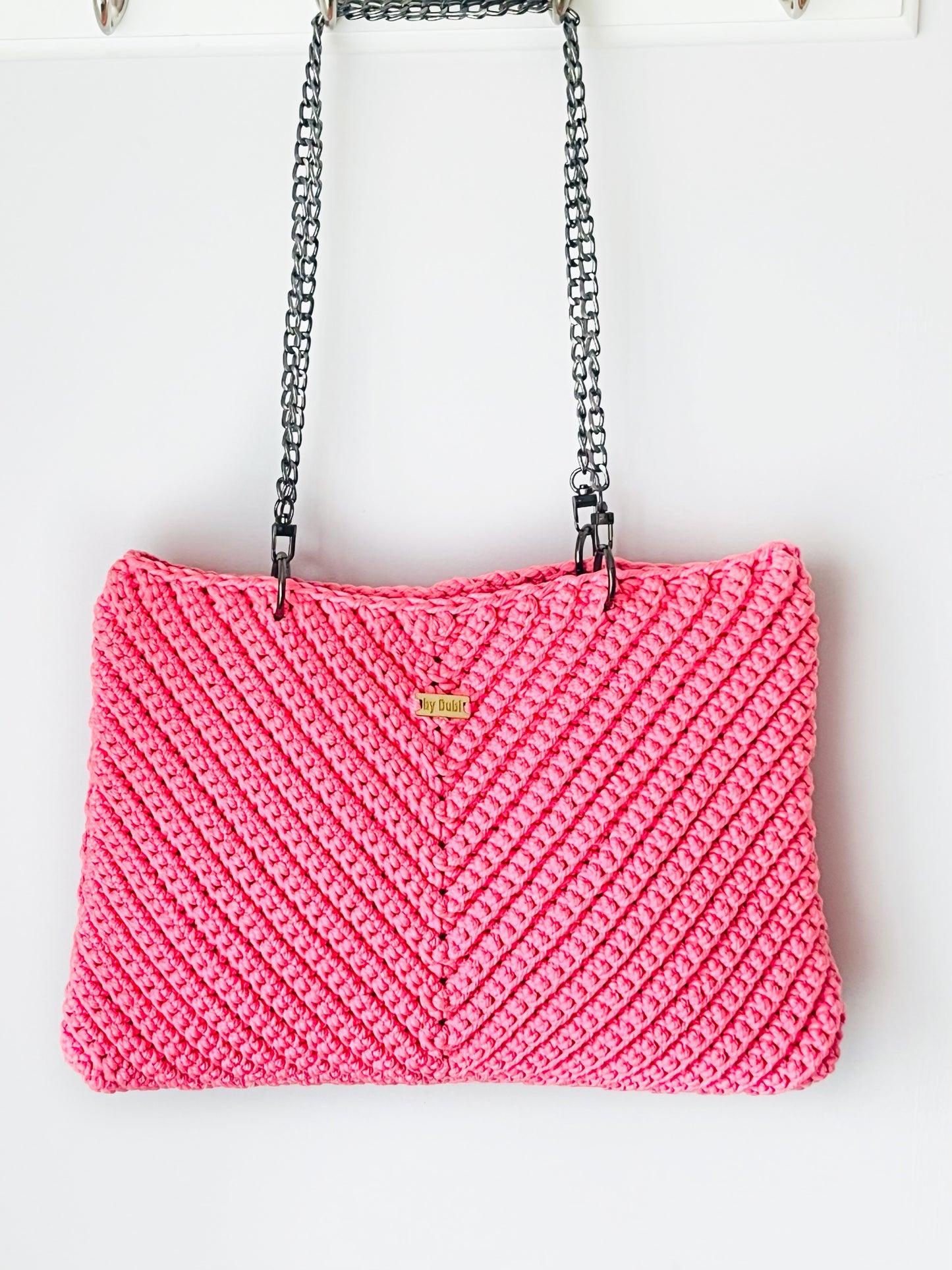 Crochet tote shoulder bag, pink cotton  with black chain