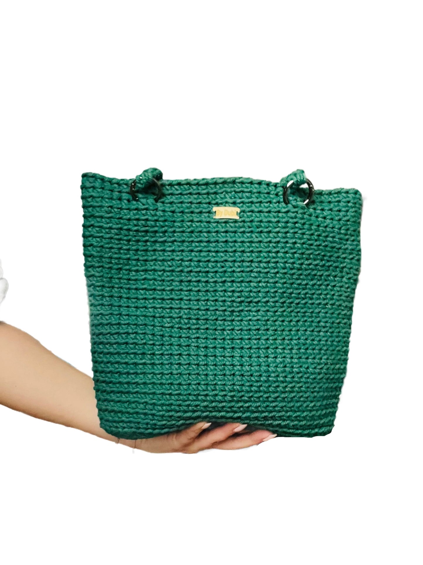 Crochet tote bag, dark green cotton