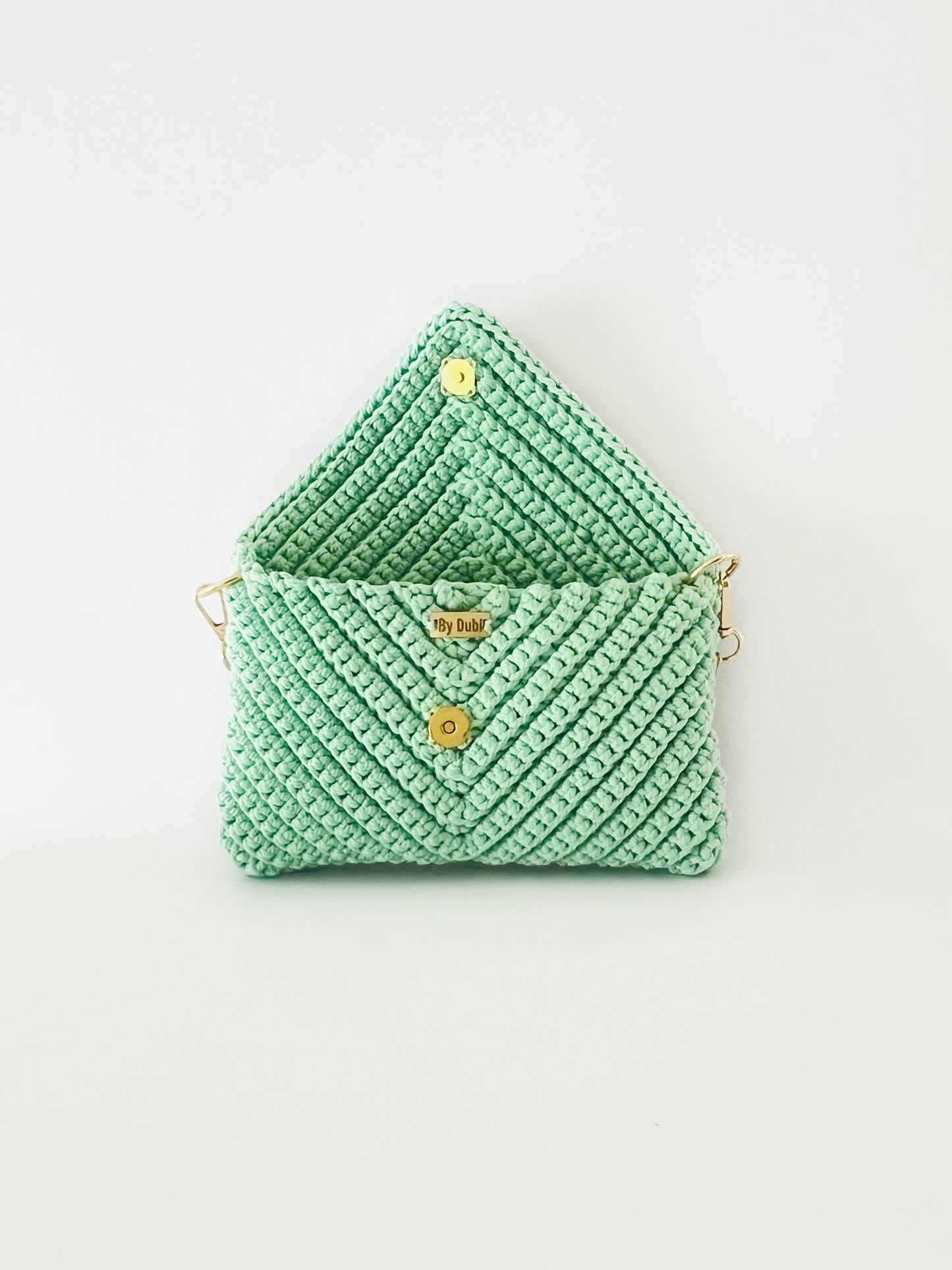 Crossbody shoulder envelope  clutch bag, green crochet cotton with gold chain