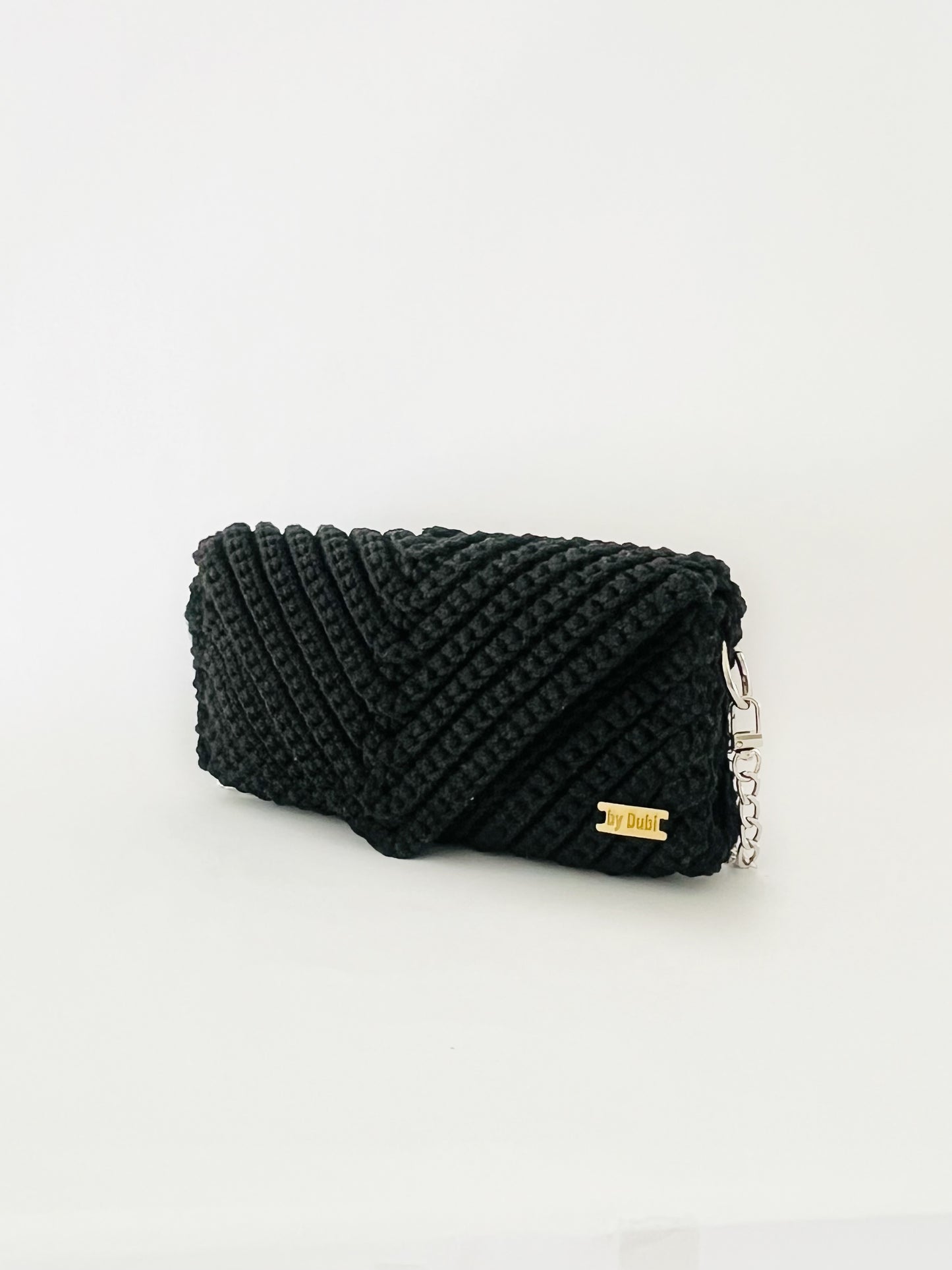 Crossbody shoulder envelope  clutch bag, black crochet cotton with silver chain