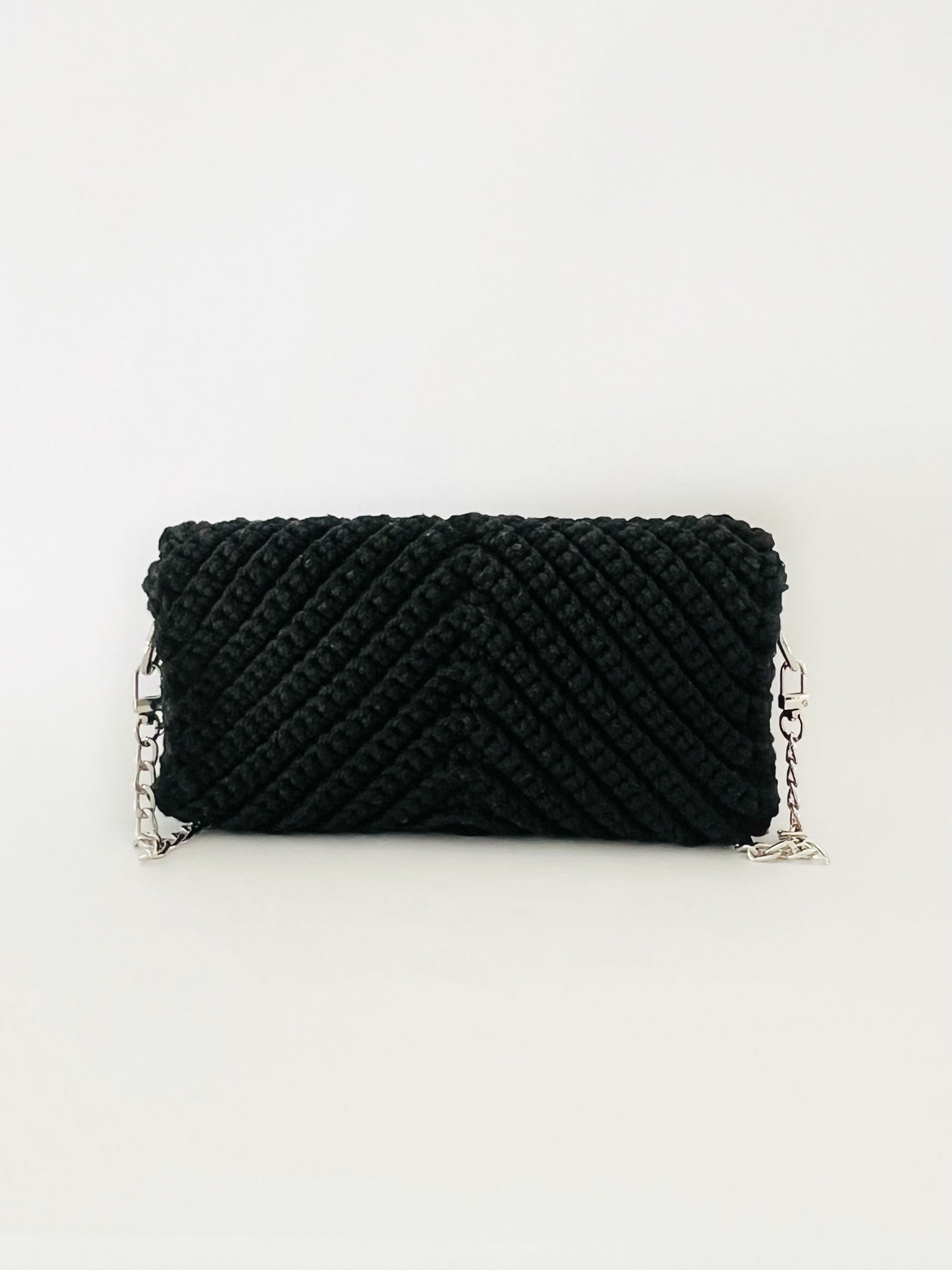 Crossbody shoulder envelope  clutch bag, black crochet cotton with silver chain