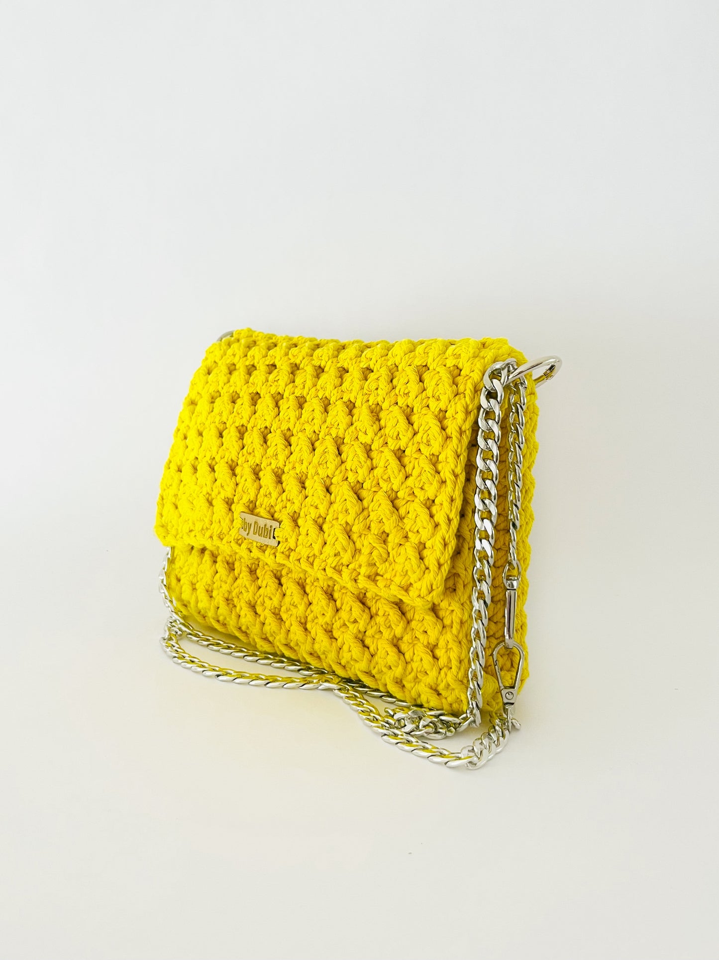 Crossbody shoulder clutch bag, yellow crochet cotton with silver chain