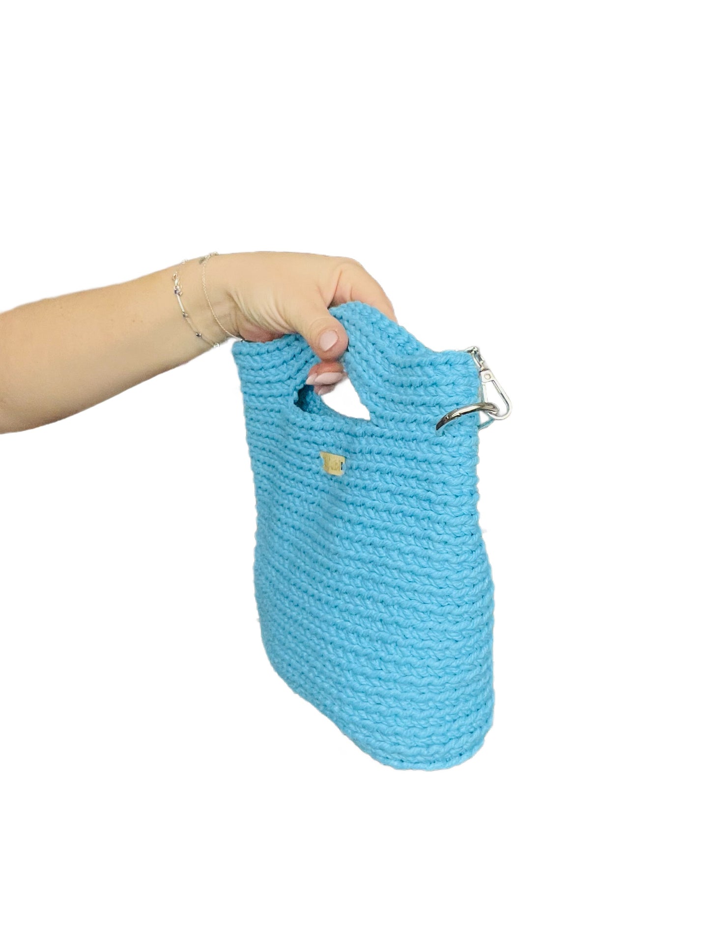 Crochet tote bag, sky blue cotton