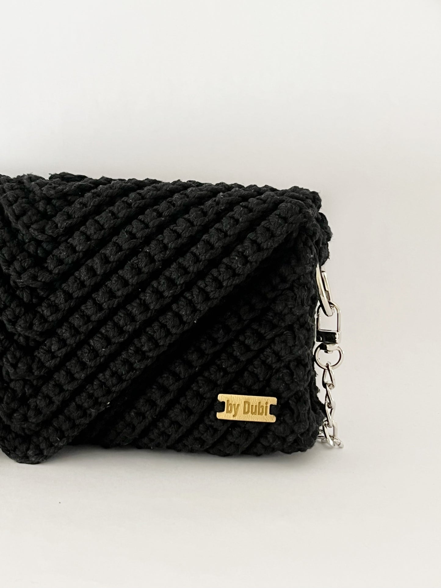 Crossbody shoulder envelope  clutch bag, black crochet cotton with silver chain