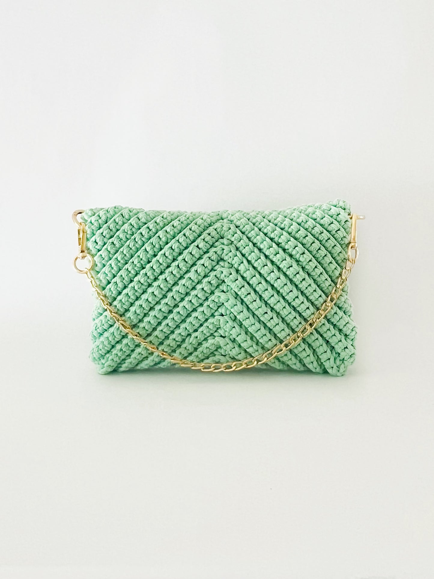 Crossbody shoulder envelope  clutch bag, green crochet cotton with gold chain