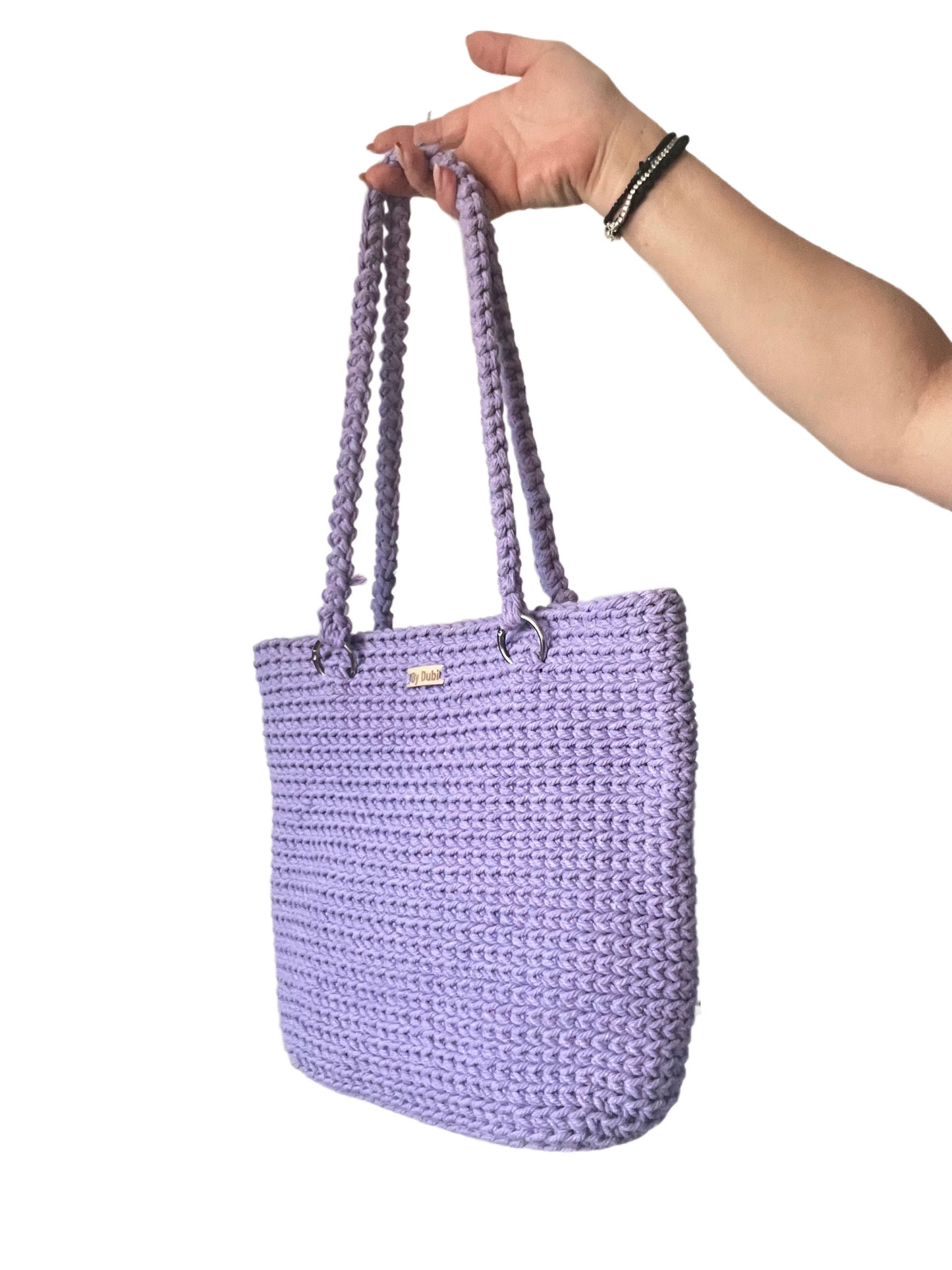 Crochet tote bag, light purple lavander cotton