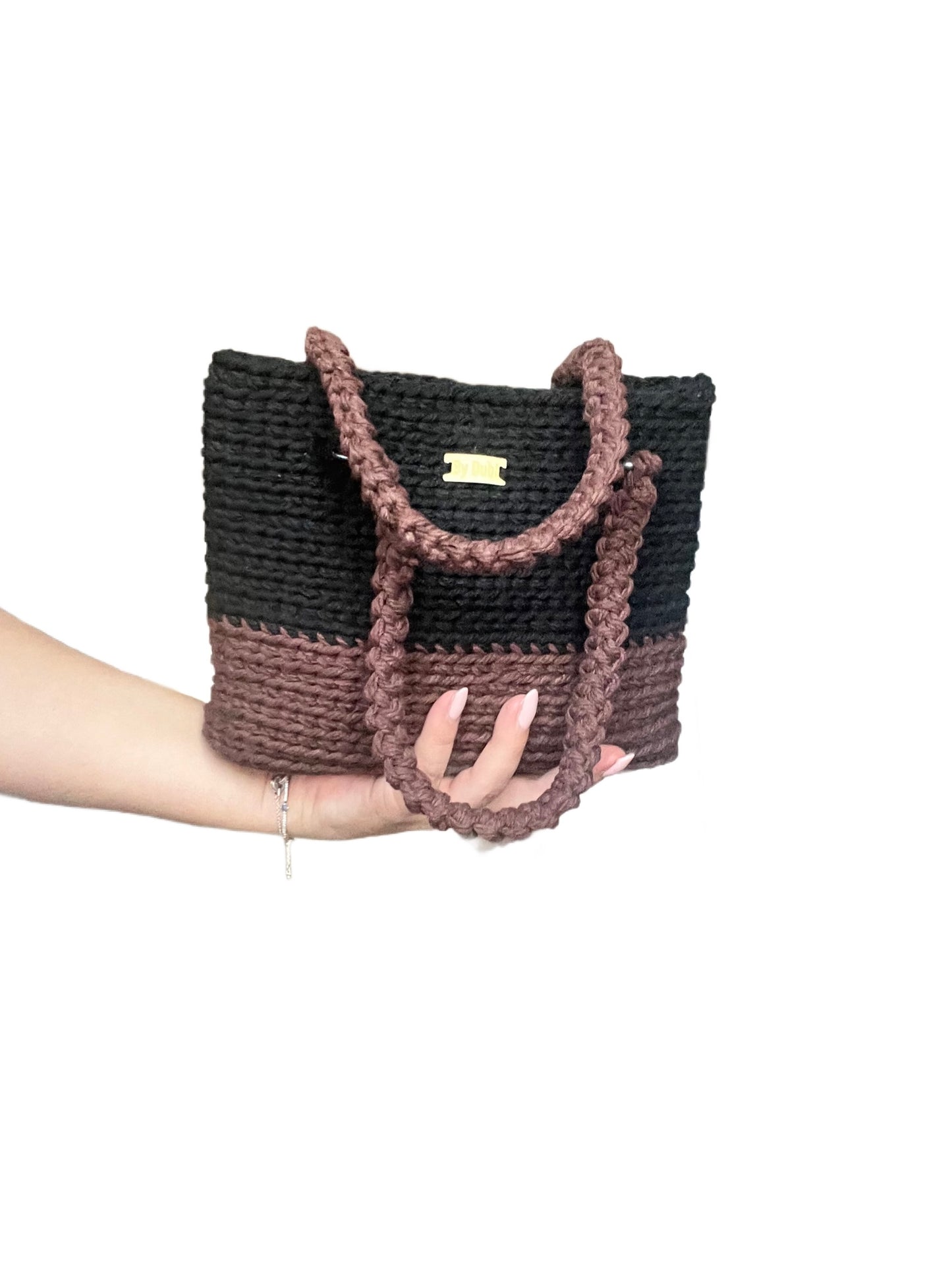 Crochet tote bag, brown and black cotton