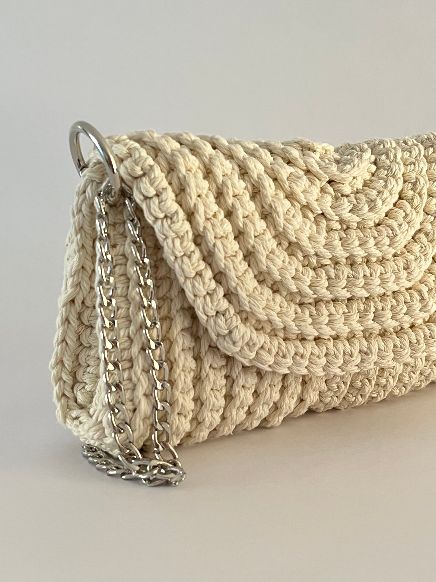 Crossbody shoulder clutch bag, natural crochet cotton with silver chain